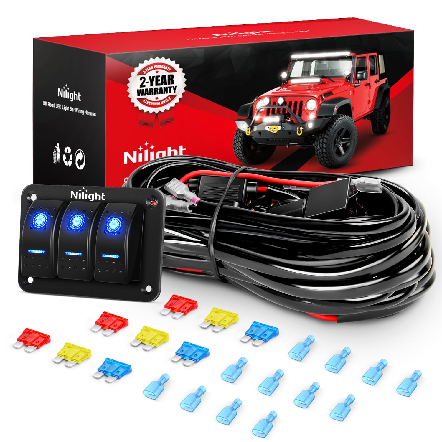 Nilight 16AWG LED Light Bar Wiring Harness Kit-6 Leads - Product Imagery