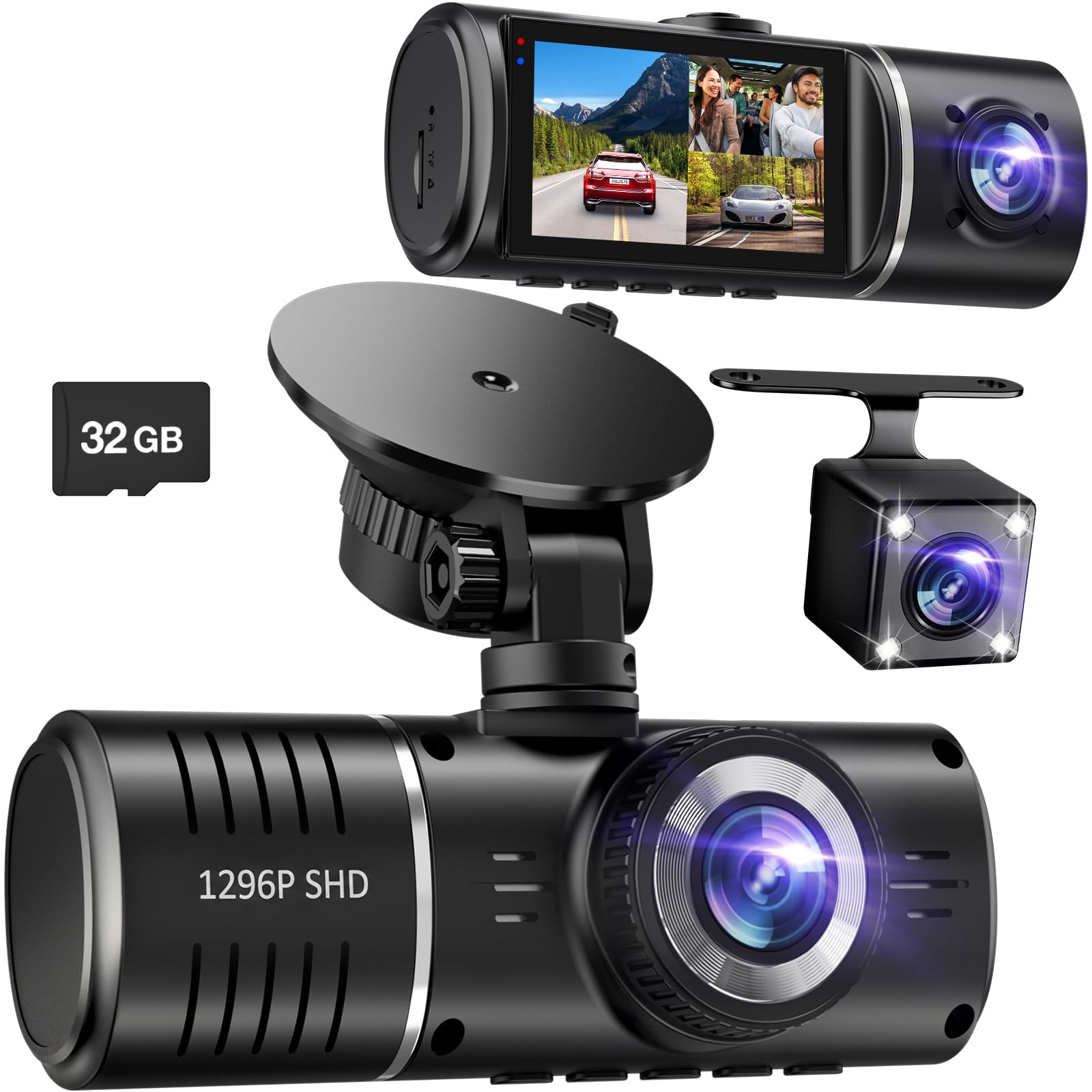 Dash Cam Front and Rear, 1296P Dash Camera for Cars, 3 Channel - Product Imagery