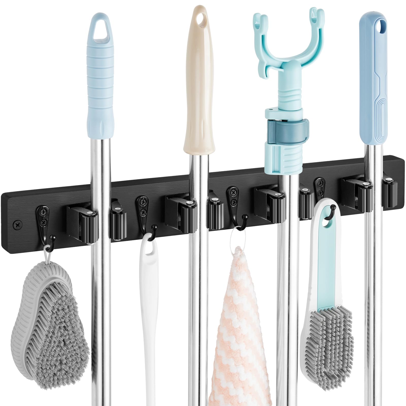OUTNILI Black Mop Broom Holder Wall Mount with 4 Slots & 4 Hooks - Product Imagery