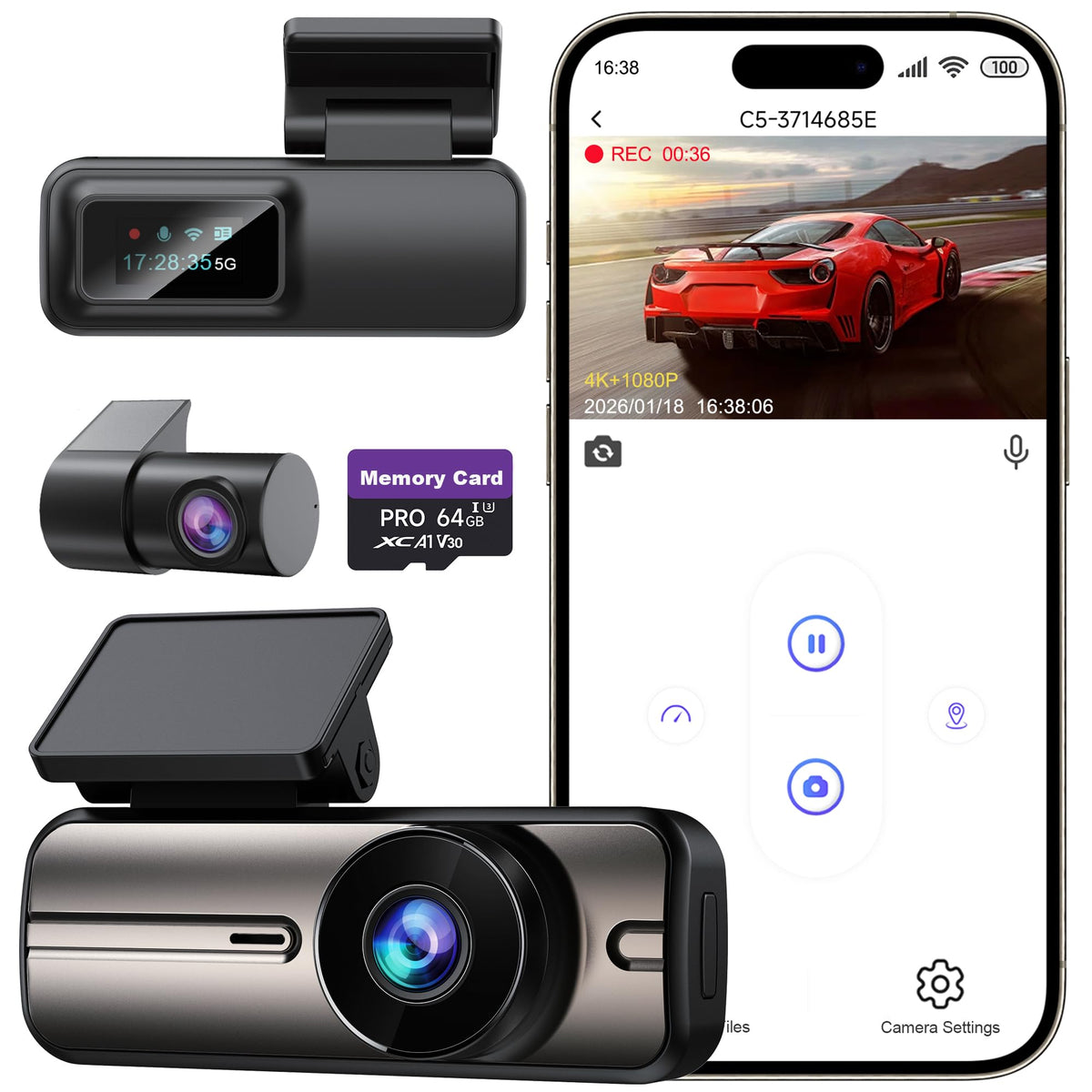 Dash Cam Front and Rear 4K+1080P, 5GHz WiFi, App Control, with - Product Imagery