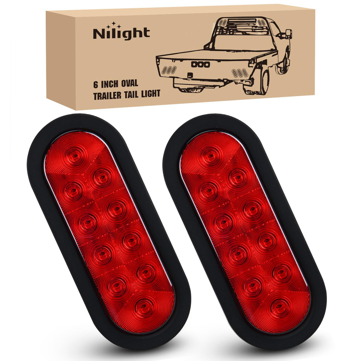 Nilight 6" Oval LED Trailer Tail Lights,Red, 2 Pack, Grommets - Product Imagery