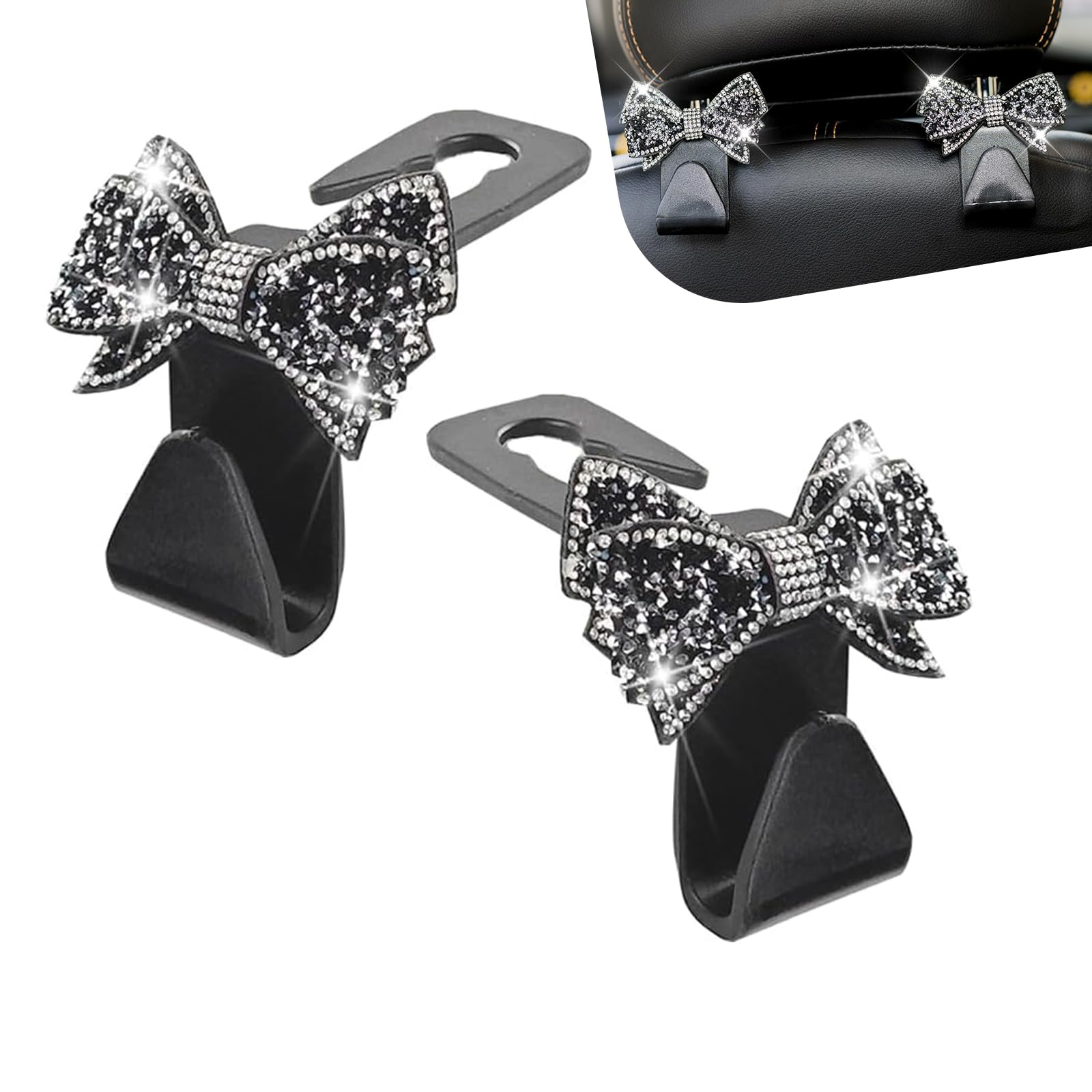 2PCS Bling Bow Car Seat Headrest Hooks, S Type Cute Bow Car Seat - Product Imagery