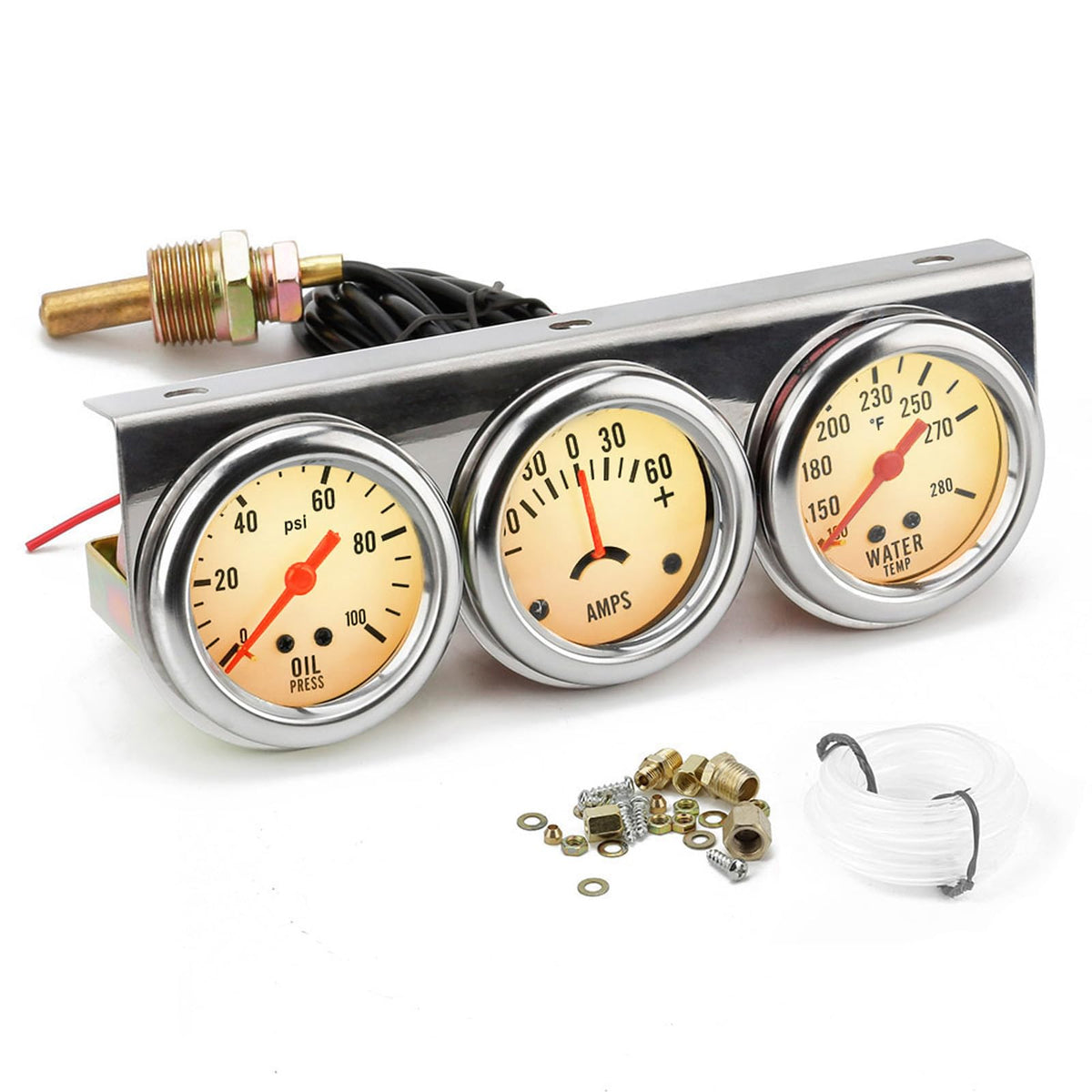 2'' 52mm Universal Chorme 12V DC Car Triple Gauge Kit Psi Oil - Product Imagery