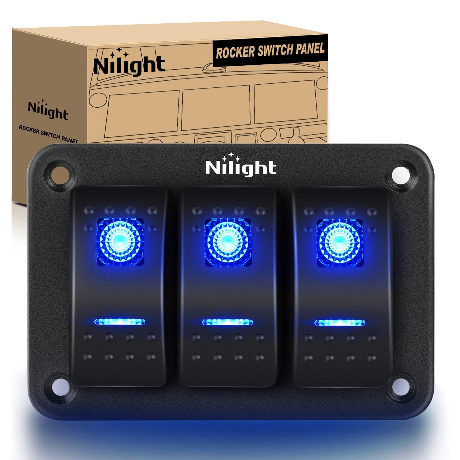 Nilight 90017C 3 Gang Aluminum Panel Toggle Dash 5 Pin On/Off - Product Imagery