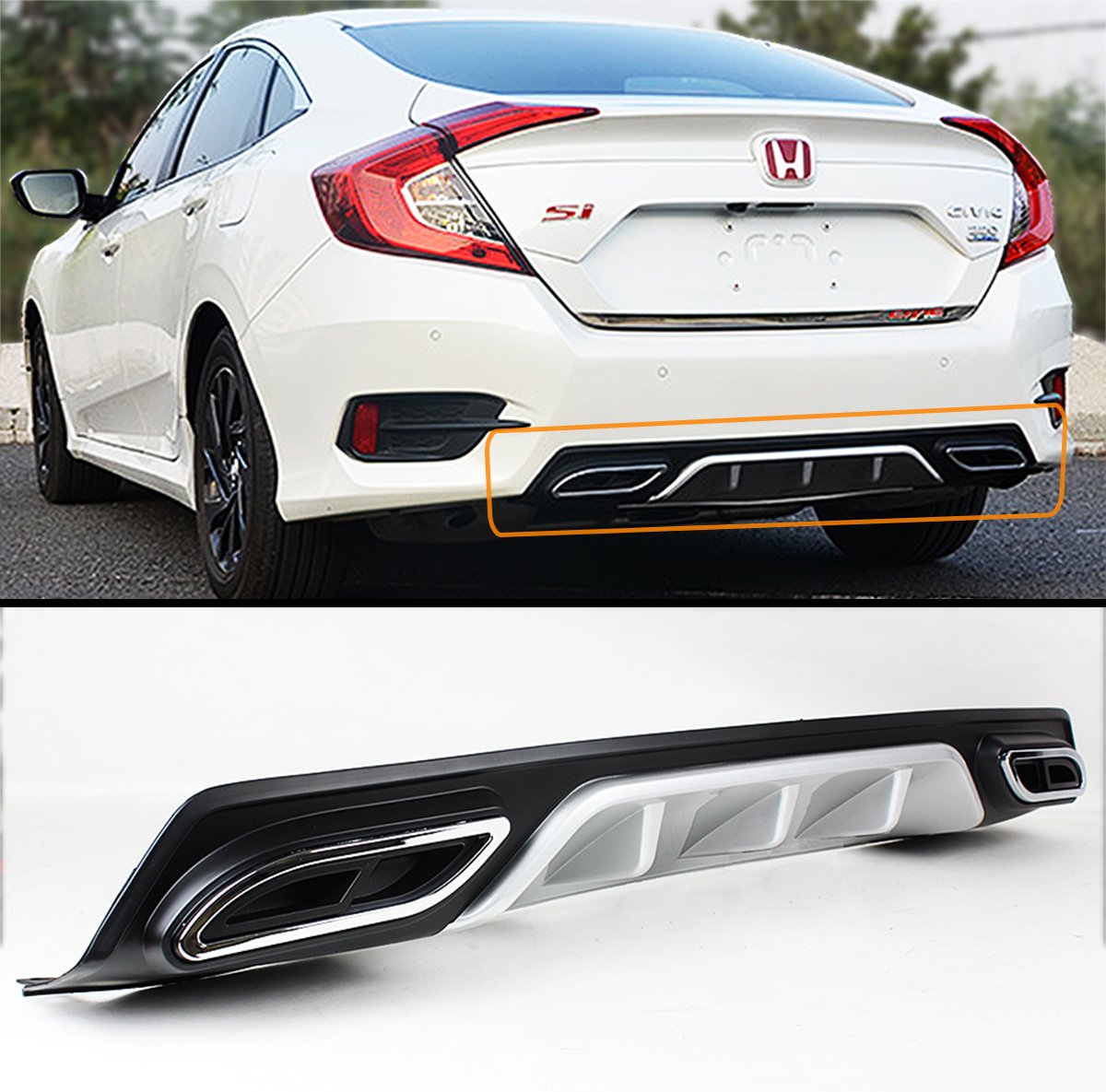 Silver Black Rear Bumper Diffuser W/Decorative Exhaust Tips - Product Imagery