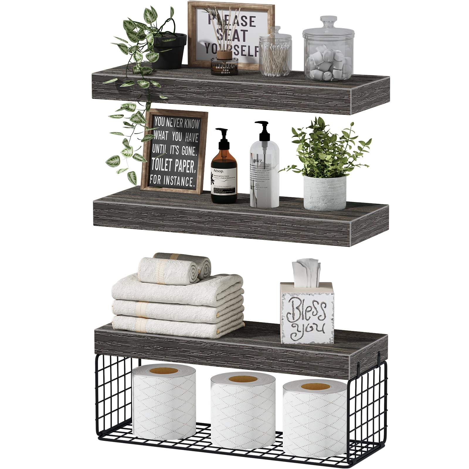 QEEIG Bathroom Shelves Over Toilet Wall Mounted (Grey, Set of 3, - Product Imagery