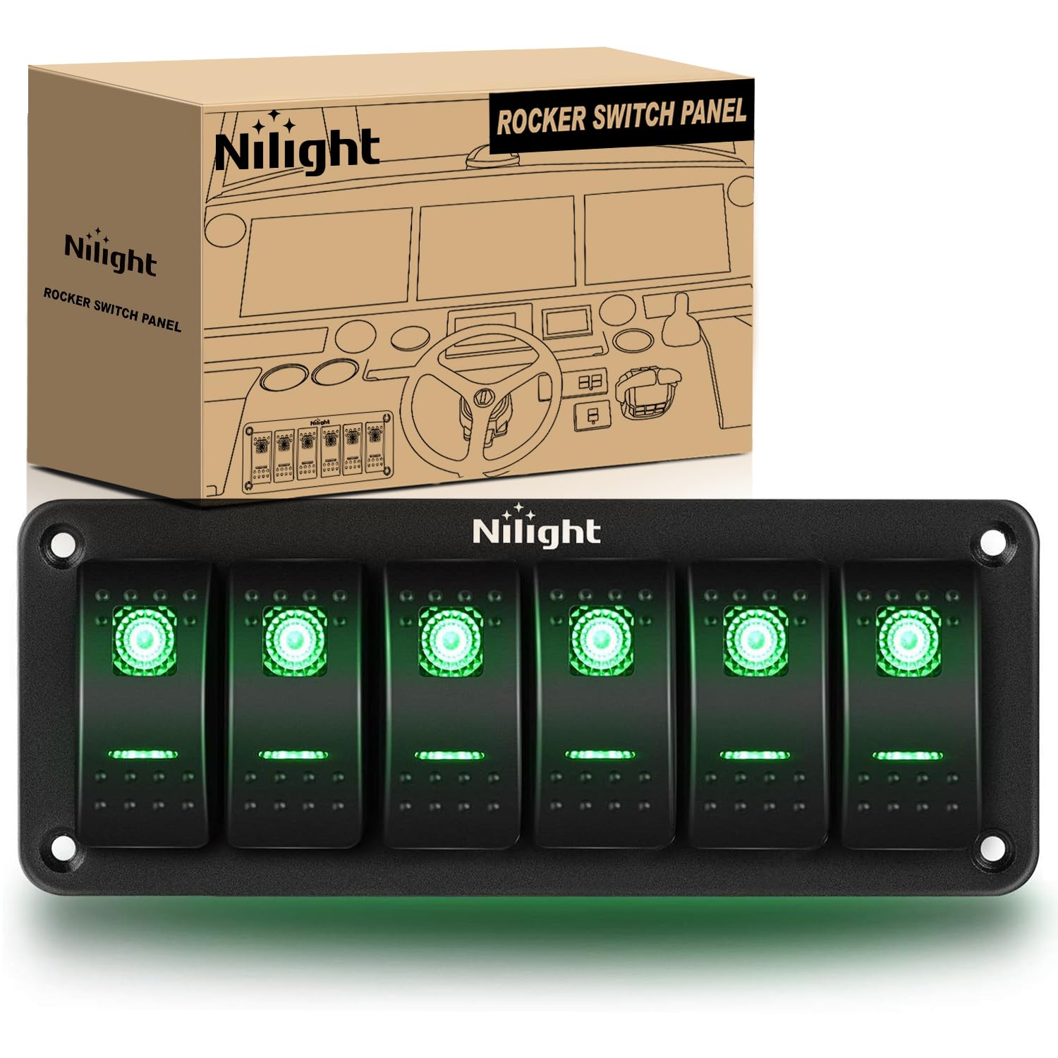 Nilight 6 Gang Rocker Switch Panel SPST On Off 5PIN Electrical - Product Imagery