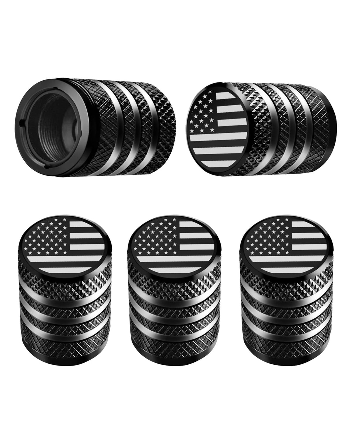 DECURCAR Tire Valve Stem Caps 5 Pack American Flag - Black - Product Imagery