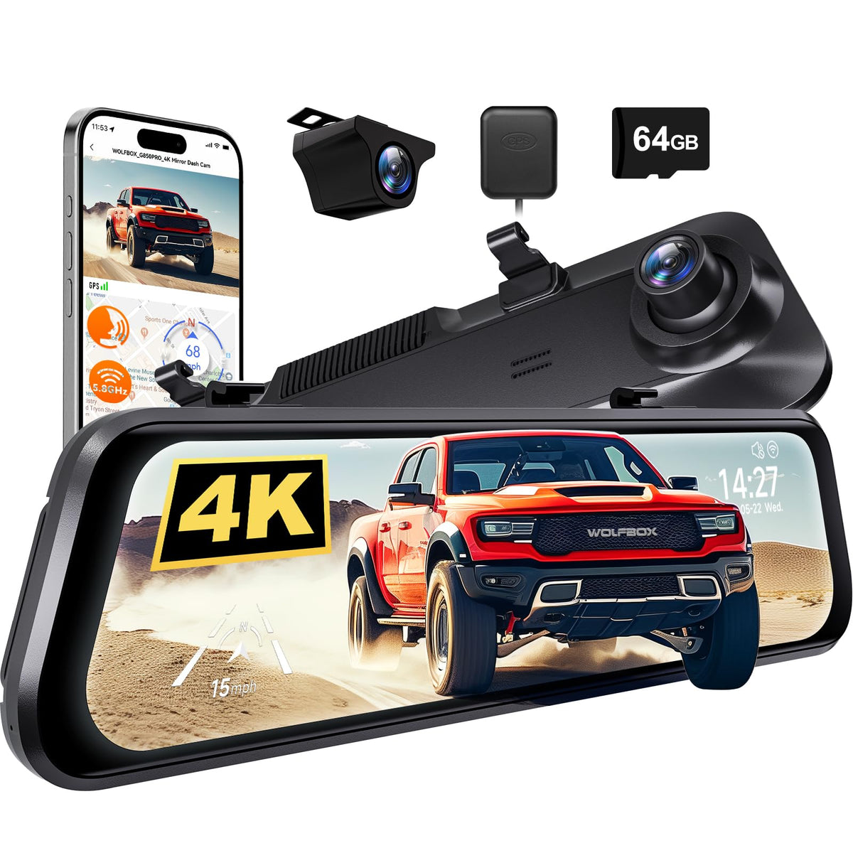 WOLFBOX G850 PRO 4K Mirror Dash Cam with ADAS and BSD,64GB - Product Imagery