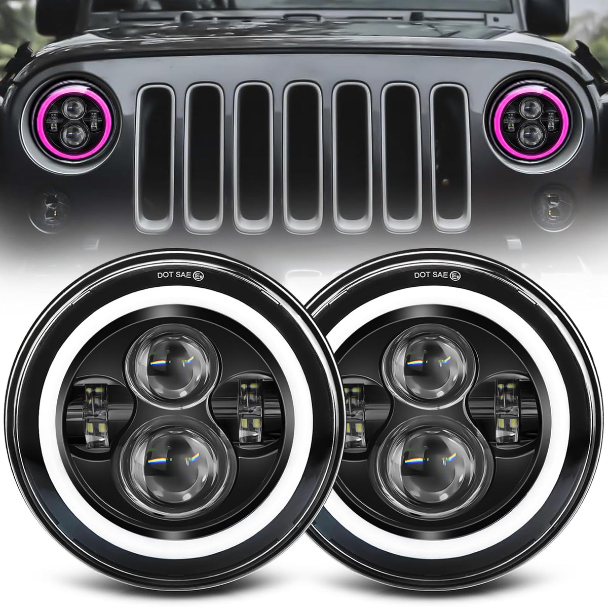 ZIMABLUE 7 inch Led Headlights Round Pink Purple Halo led H6024 - Product Imagery
