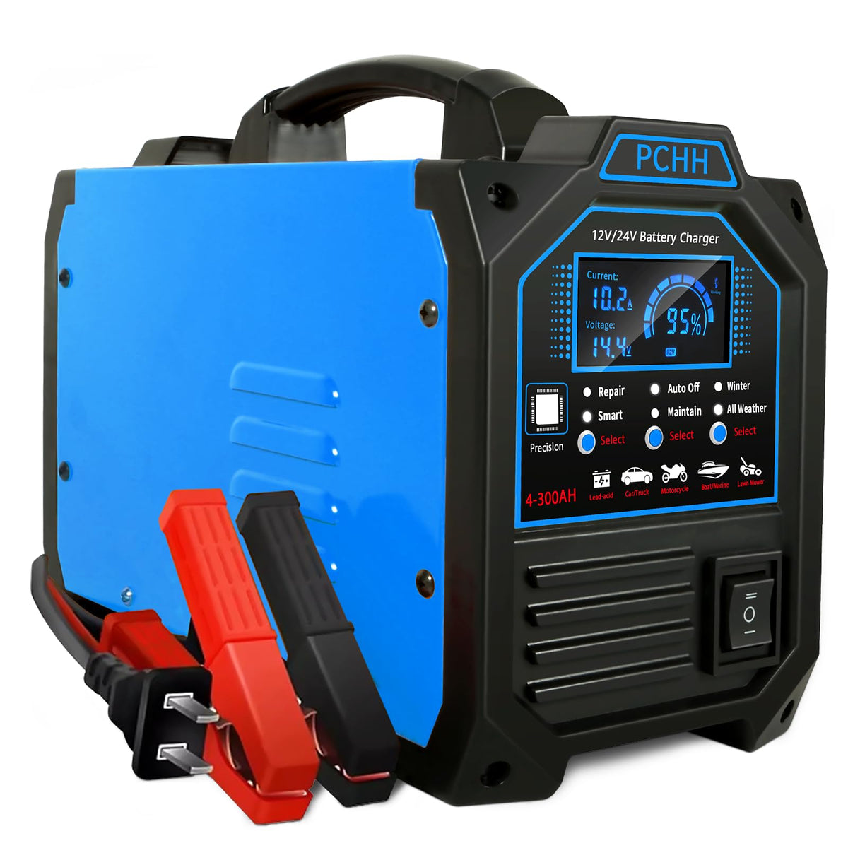 PCHH 12V 24V Car Battery Charger Heavy Duty, 0-15A Automatic - Product Imagery