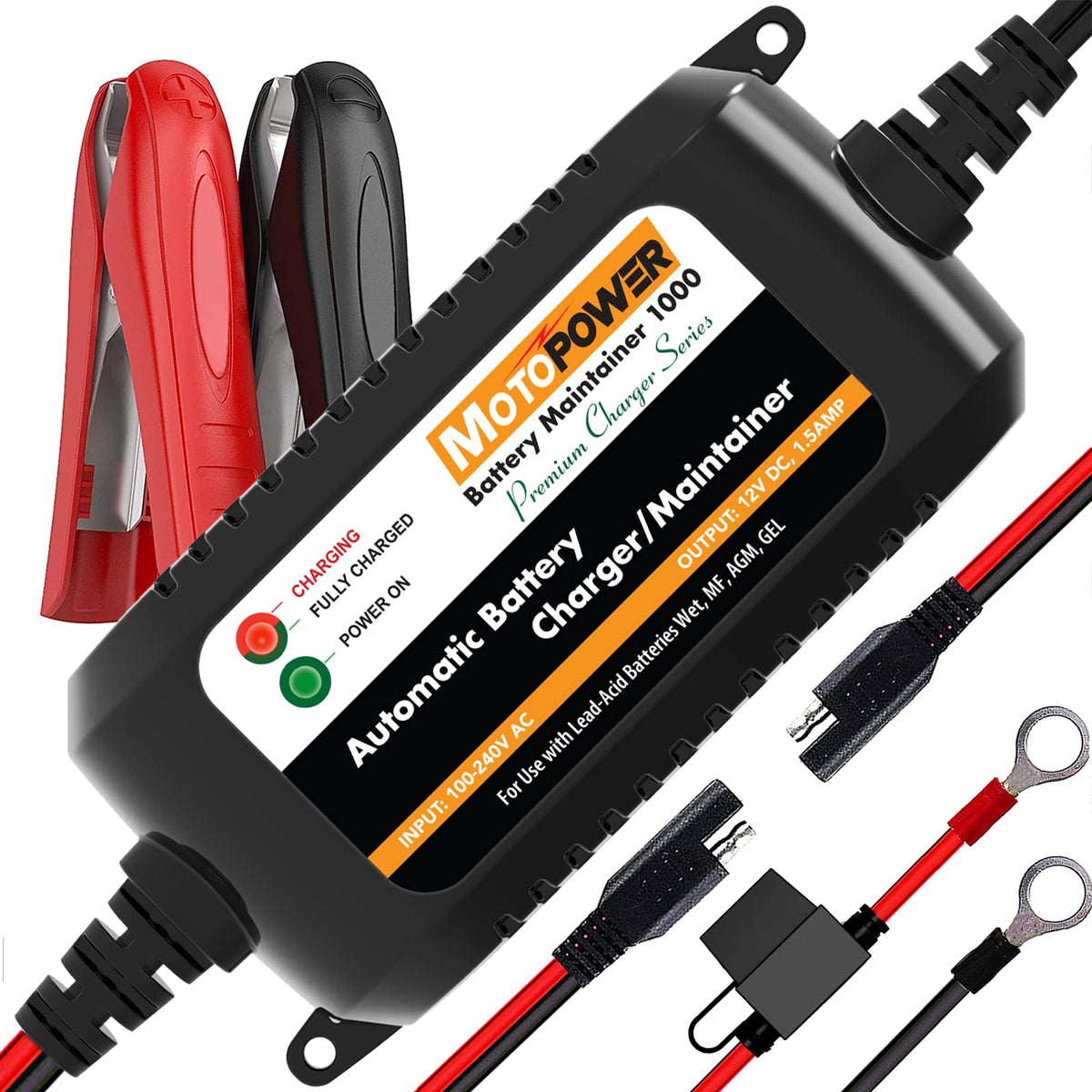 MOTOPOWER MP00206A 12V 1.5Amp Automatic Battery Charger, Battery - Product Imagery