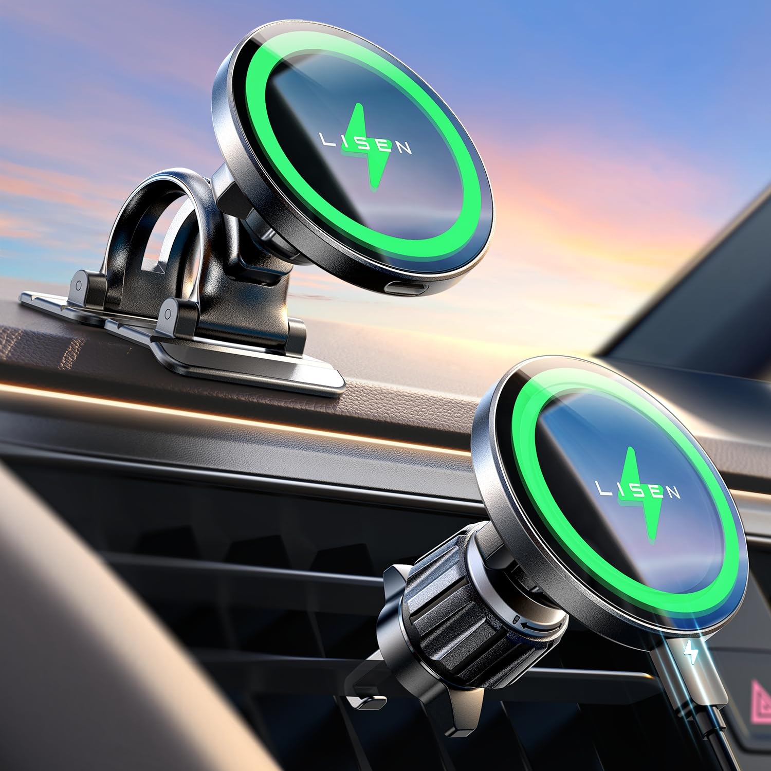 LISEN 15W MagSafe Car Mount Charger, Magnetic Phone Holders for - Product Imagery