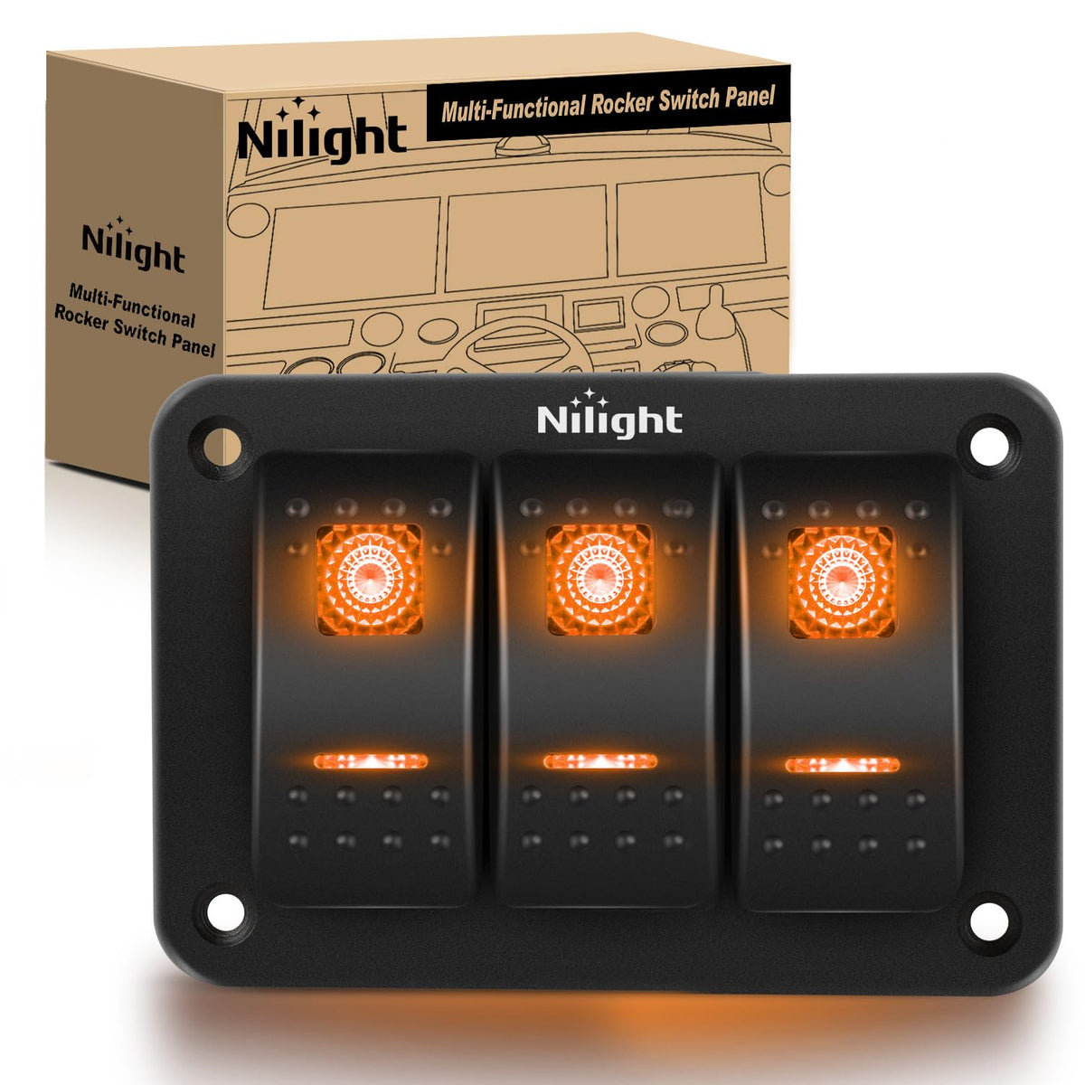Nilight 3 Gang Rocker Switch Panel w/Orange LED Light 5Pin ON - Product Imagery