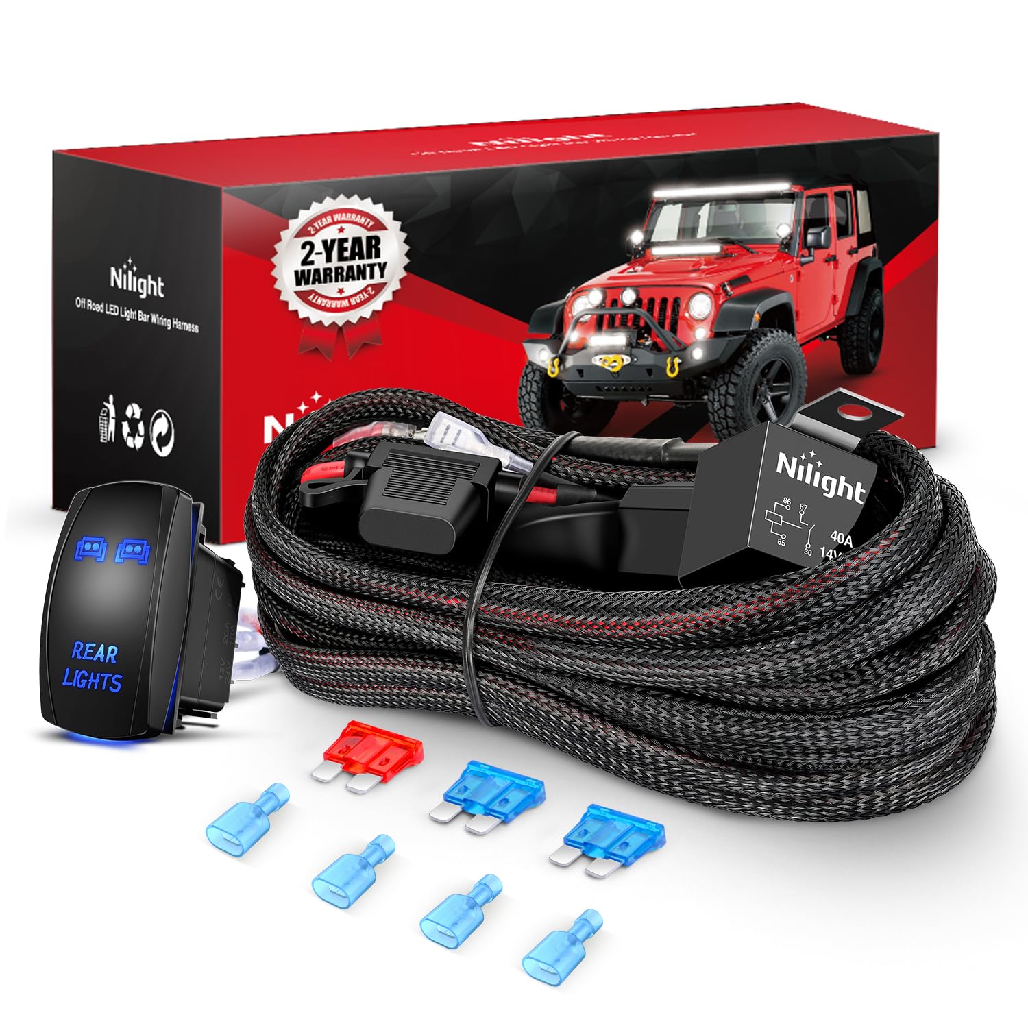 Nilight LED Pods Rear Lights Wiring Harness Kit 12 V 5 Pin - Product Imagery