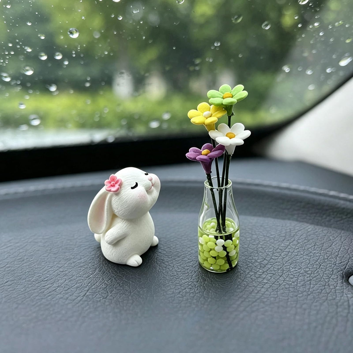 Set of 2 Cute Mini Bunny and Daisy Flower Vase Car Rearview - Product Imagery
