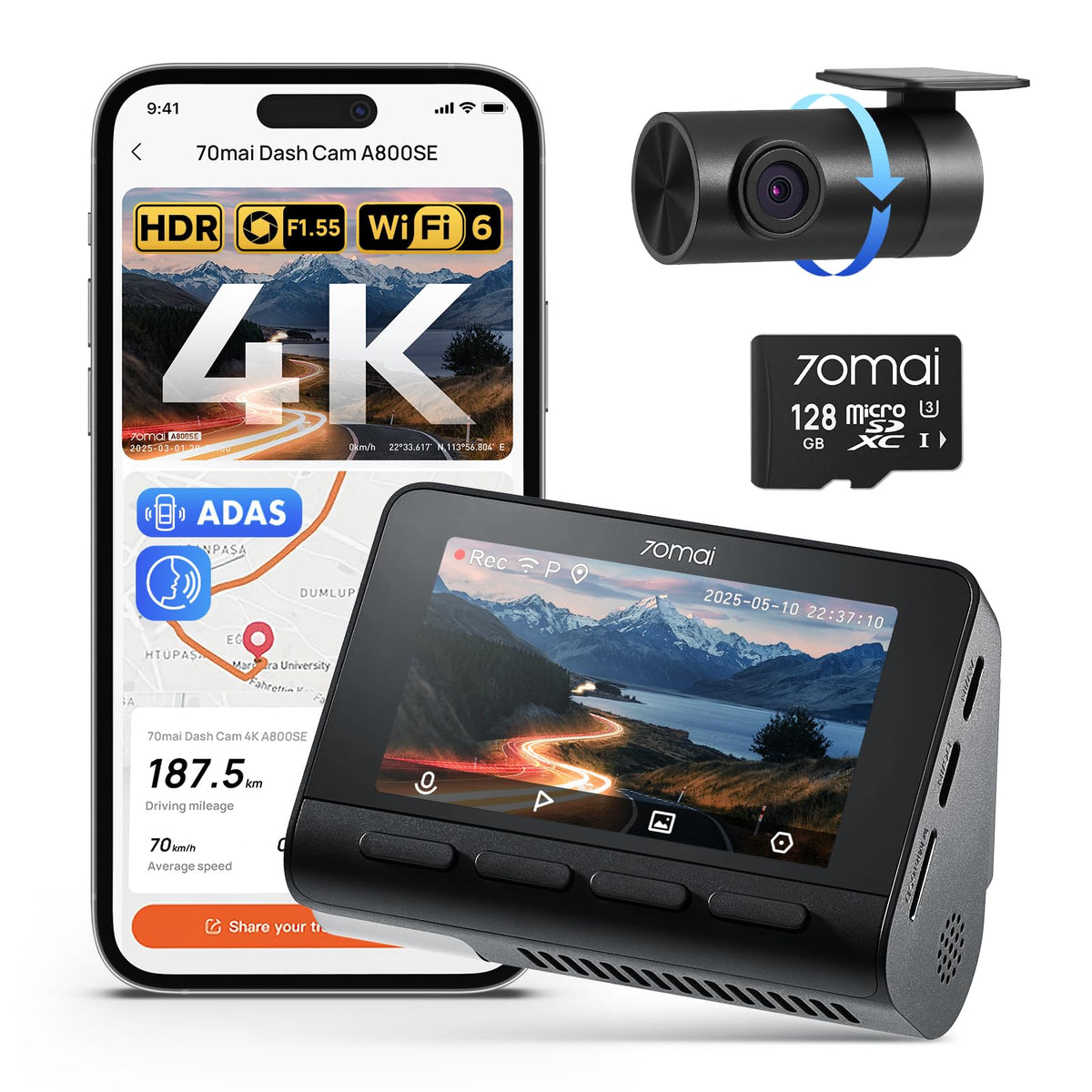 70mai 4K Dash Cam Front and Rear, Built in Wi-Fi 6 & GPS Car - Product Imagery