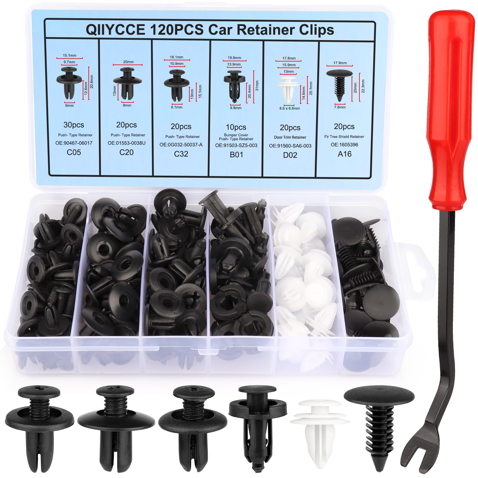 QIIYCCE 120PCS Car Clips & Plastic Rivets - 6 Popular Sizes, - Product Imagery
