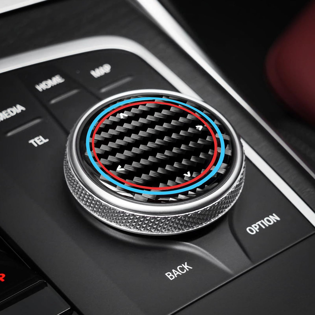 BETTERHUMZ Multimedia Knob Sticker for BMW, Carbon Fiber, - Product Imagery