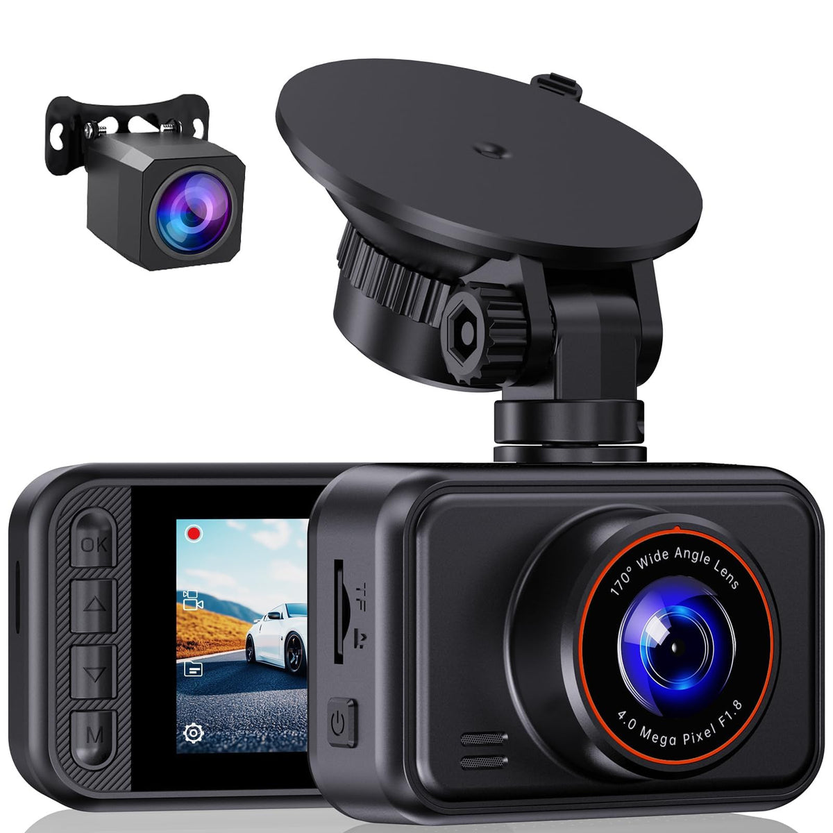 Dash Cam Front and Rear for Cars, 2.5K+1080P Dual Camera with 2" - Product Imagery