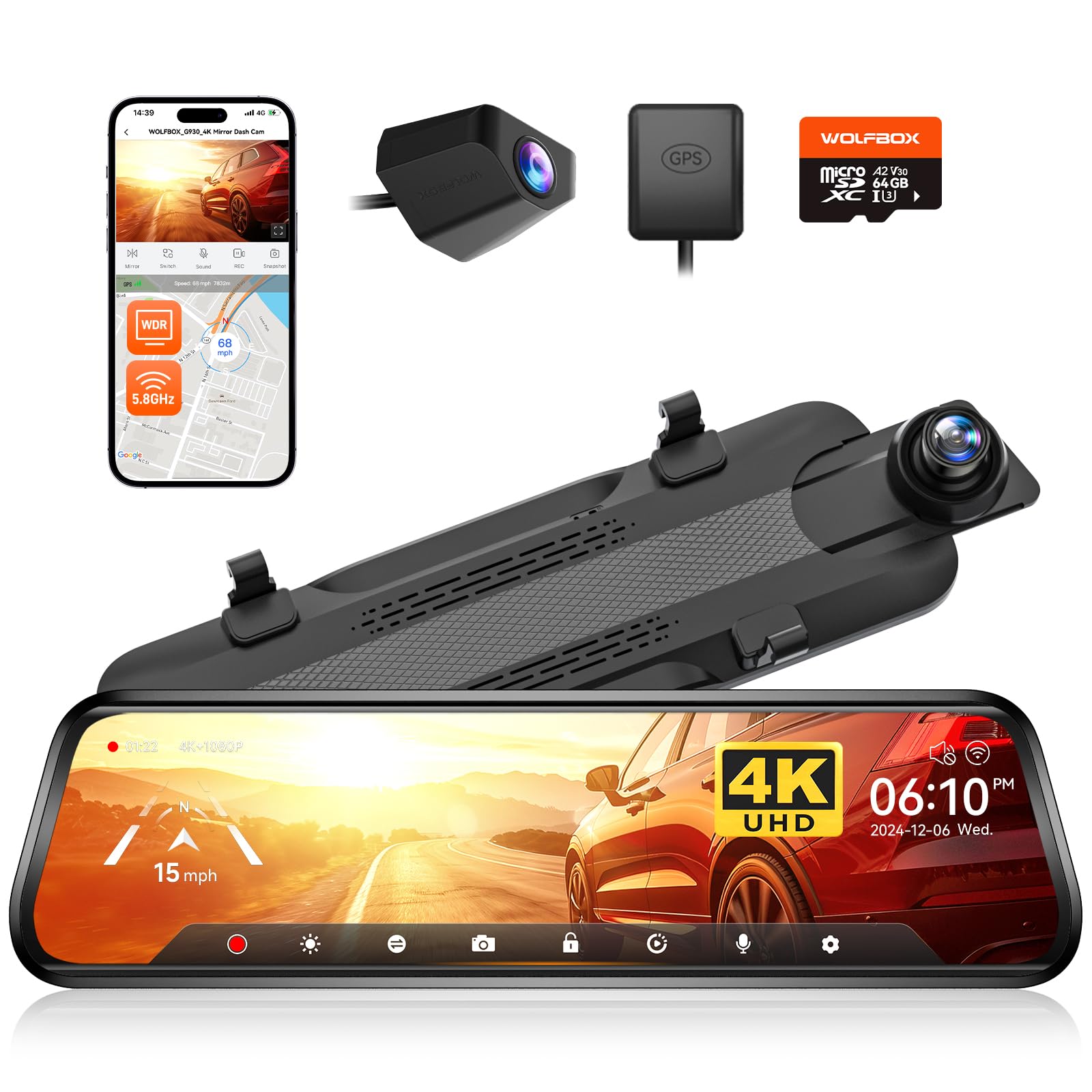 WOLFBOX G930 10'' 4K Rear View Mirror Camera with 64GB - Product Imagery