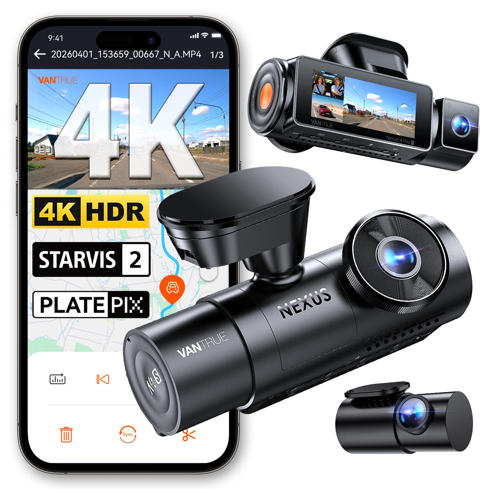 Vantrue N4 Pro S 4K 3 Channel Dash Cam, Triple STARVIS 2 HDR Car - Product Imagery
