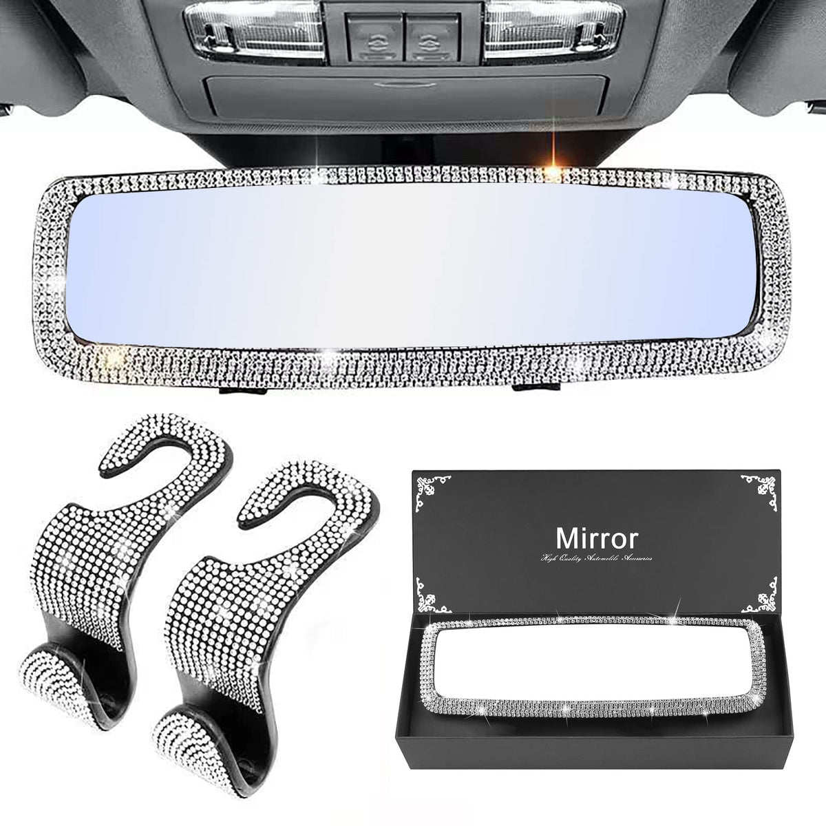 Silver Rearview Mirror Bling Cover,Rhinestone Rear View Mirror - Product Imagery