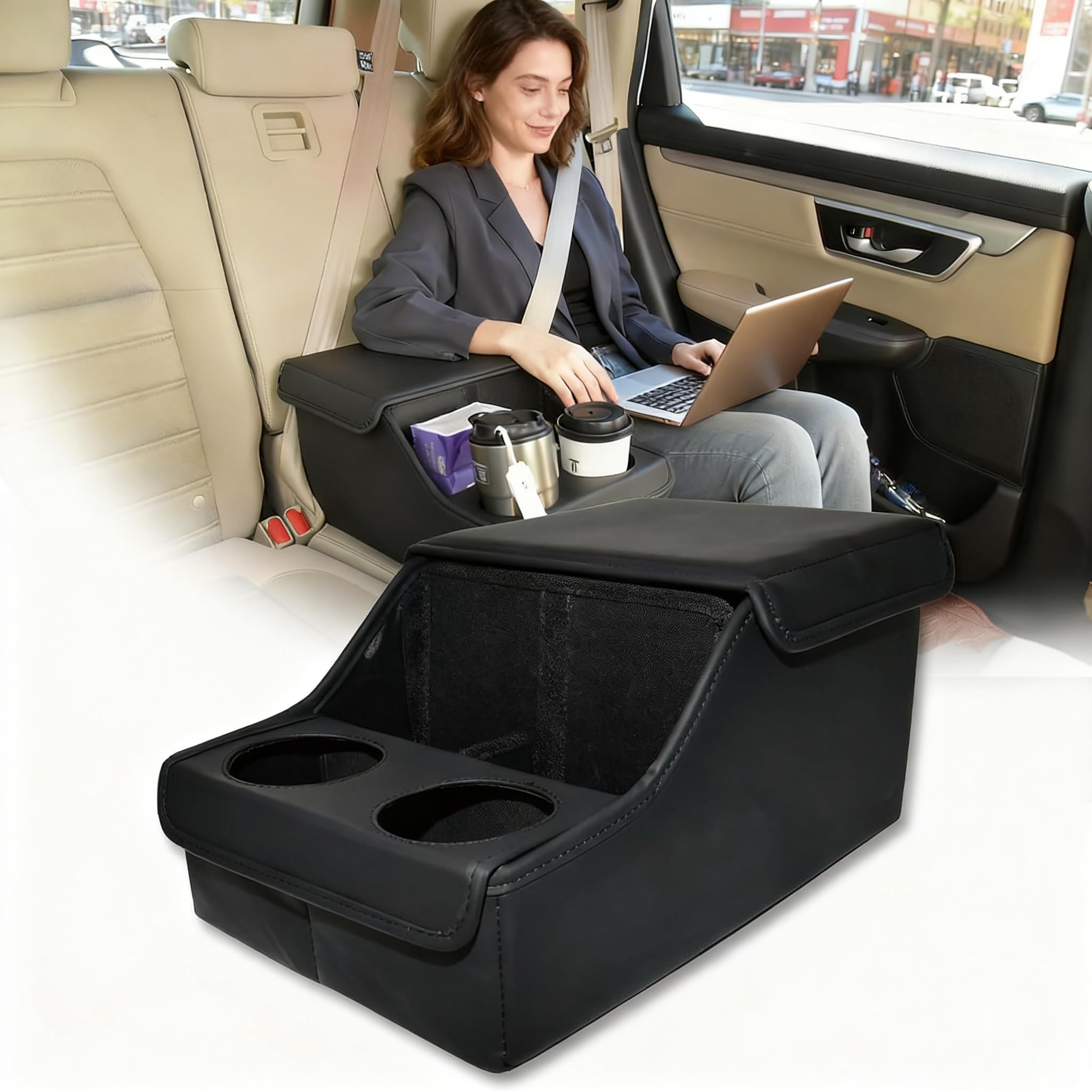 Backseat Car Organizer, Middle Seat Organizer Center Console Cup - Product Imagery