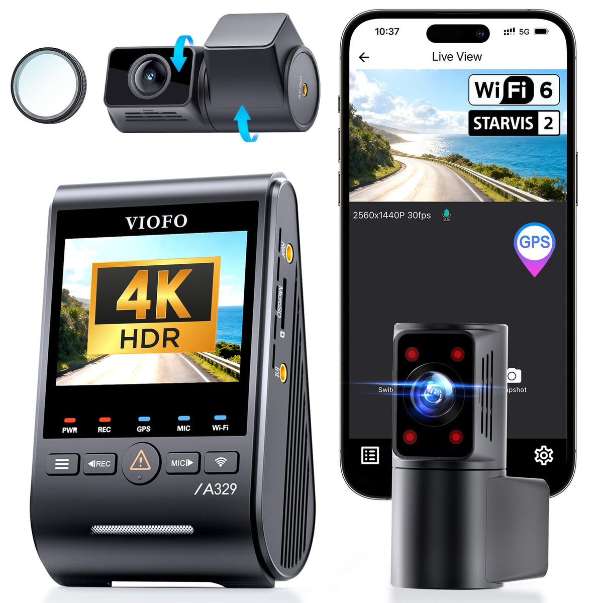VIOFO A329S 4K+2K+2K Dash Cam Front Cabin and Rear, STARVIS 2 - Product Imagery
