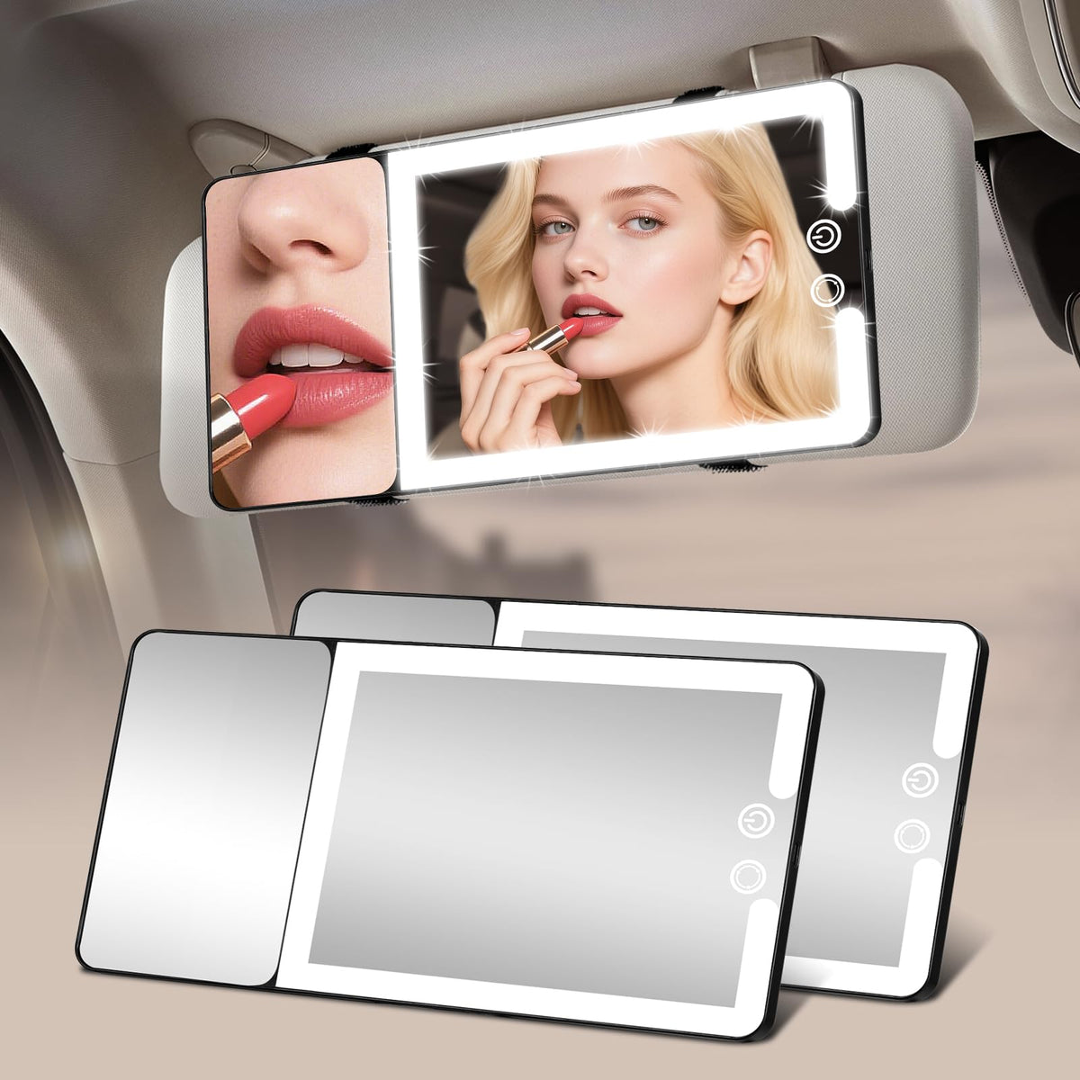 2pcs Car Sun Visor Vanity Mirror with Lights & 20X Magnification - Product Imagery