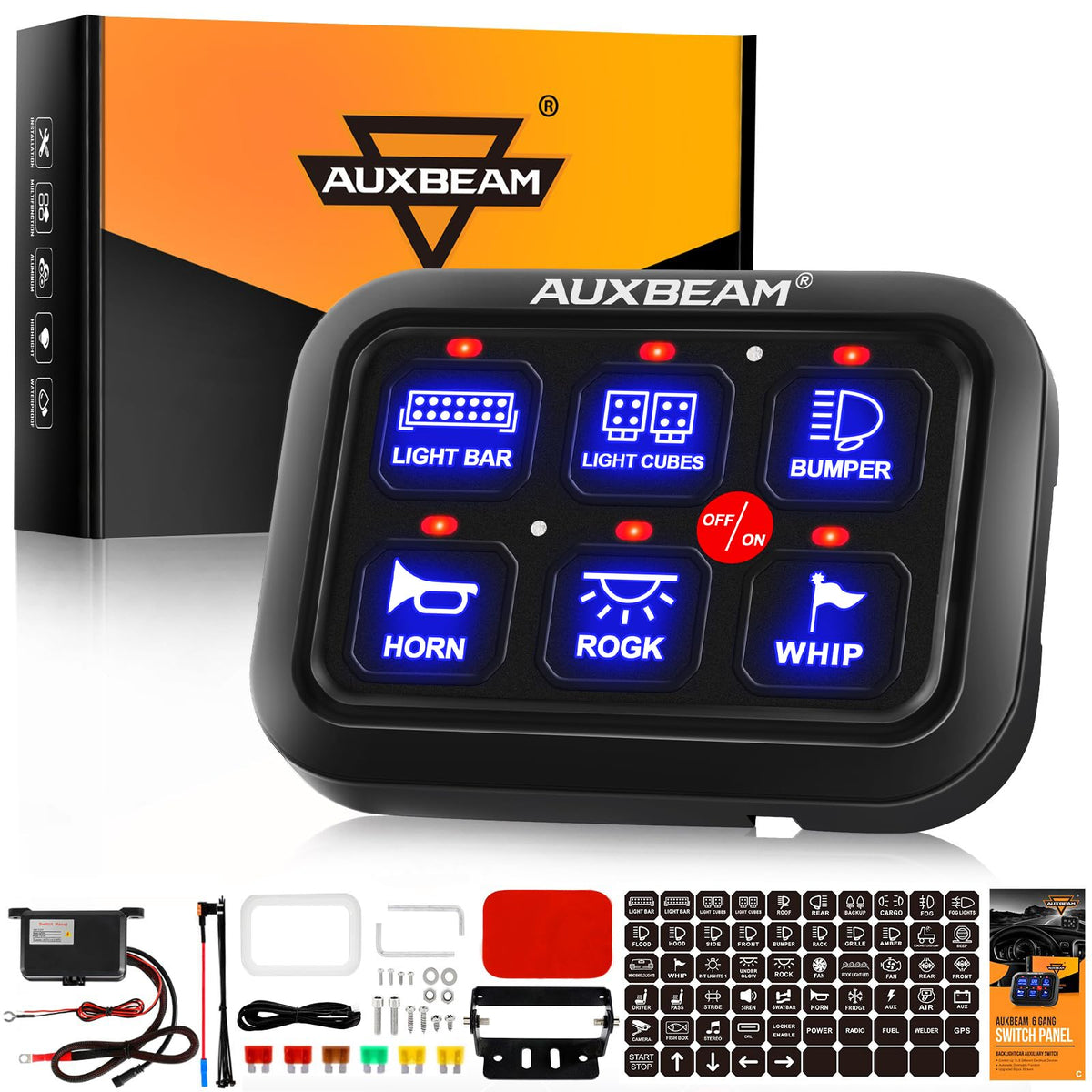 Auxbeam 6 Gang Switch Panel BC60, Universal Circuit Control - Product Imagery