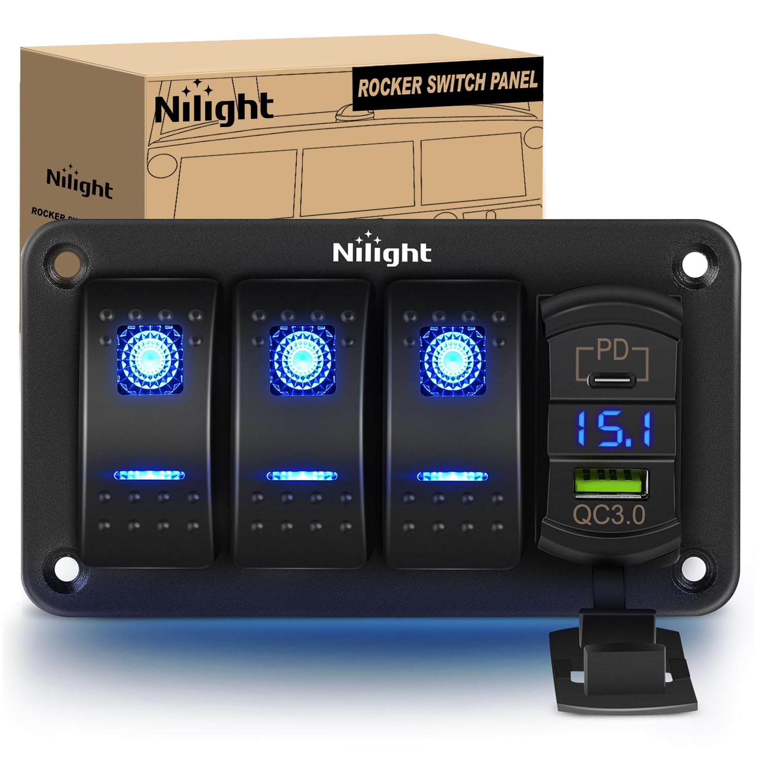 Nilight 3 Gang Rocker Switch Box 12V SPST ON Off PD Type C and - Product Imagery
