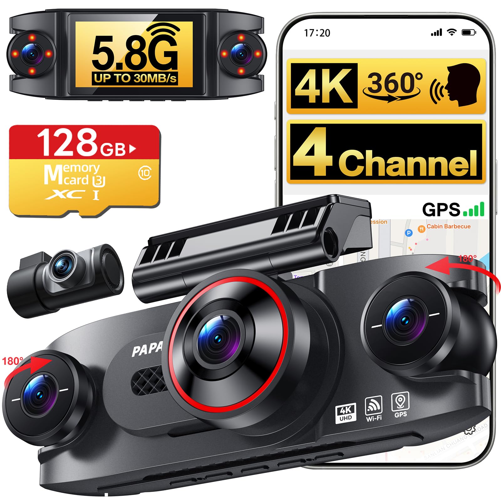 4 Channel 360° Dash Cam, 4K Front + 1080P Rear/Left/Right, 5GHz - Product Imagery