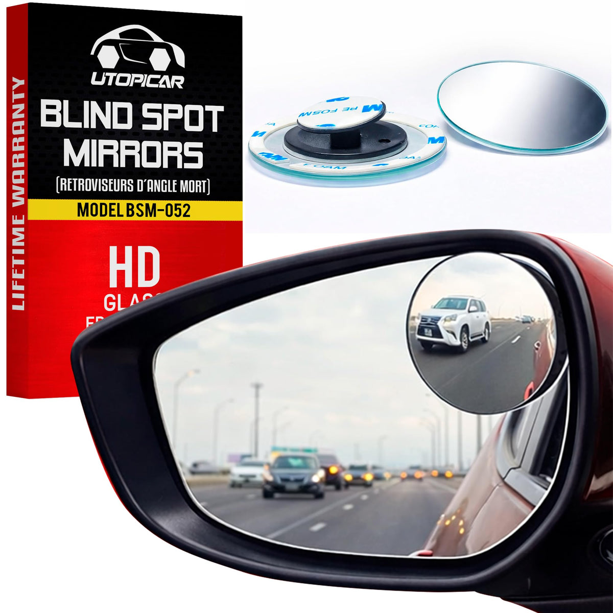 Car Blind Spot Mirror Round 2.5" - HD Glass Frameless Convex - Product Imagery