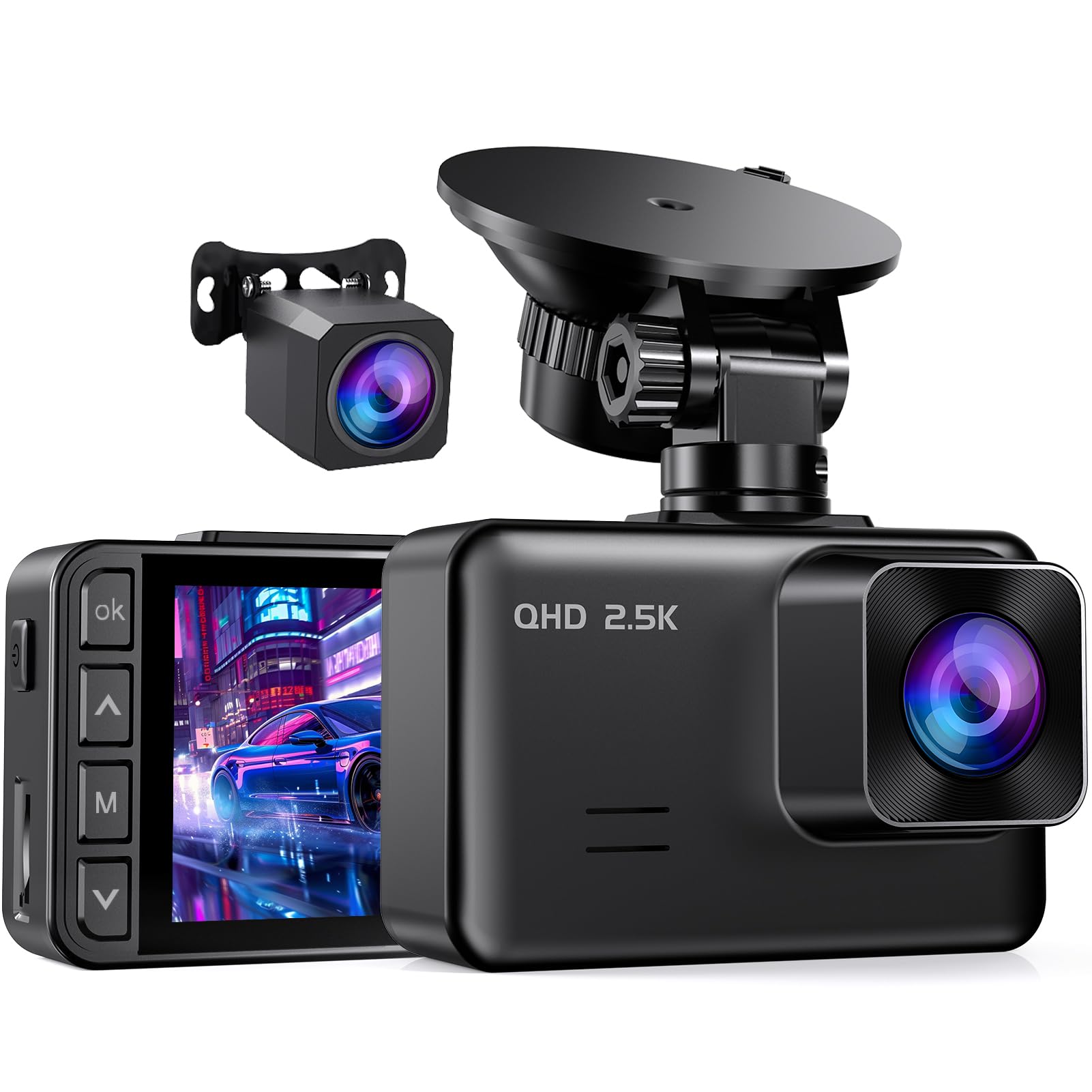 Dash Cam Front and Rear, 2.5K+1080P Dual Camera for Cars, 2" IPS - Product Imagery