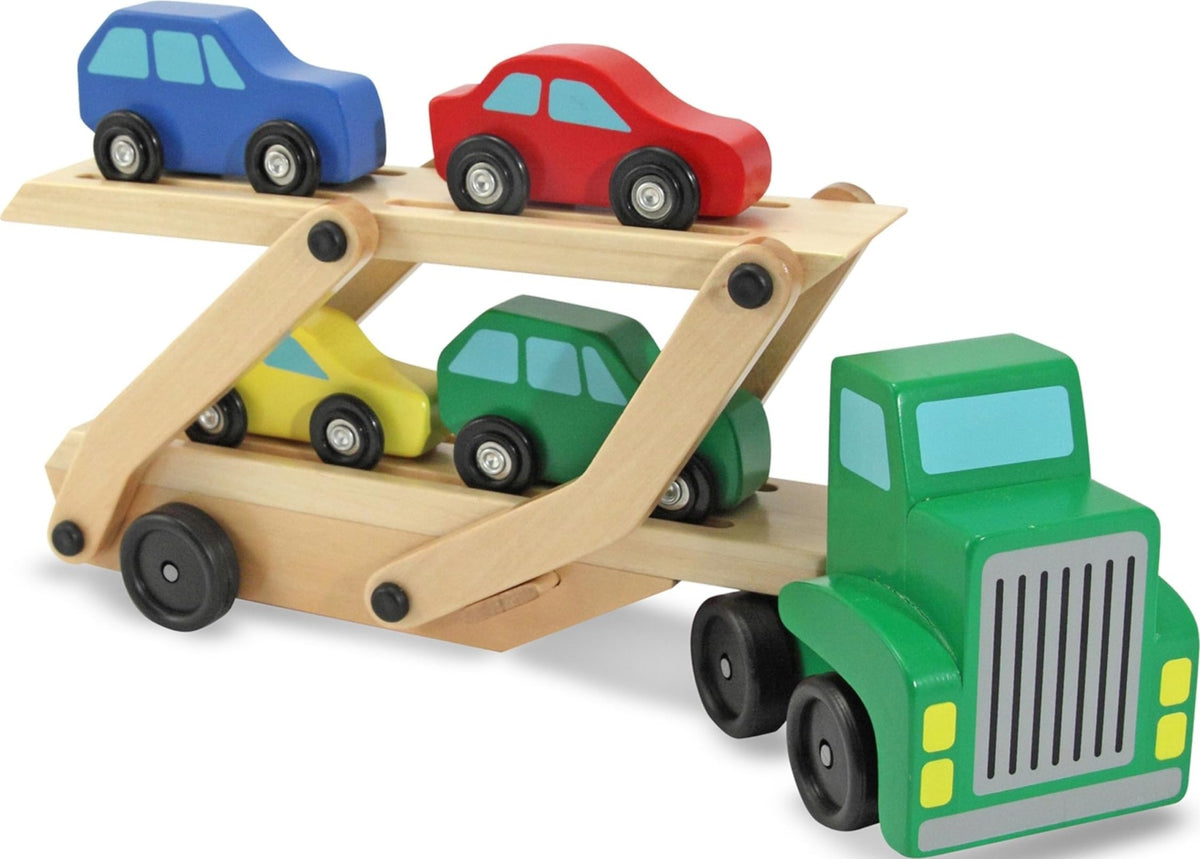 Melissa & Doug Car Carrier Truck and Cars Wooden Toy Set with 1 - Product Imagery