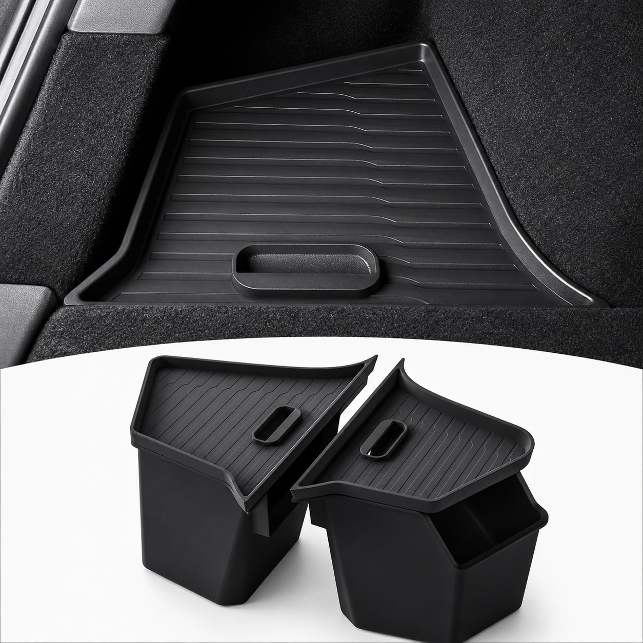 PUOENI Rear Trunk Storage Bins with Lids for 2025–2026 Tesla - Product Imagery