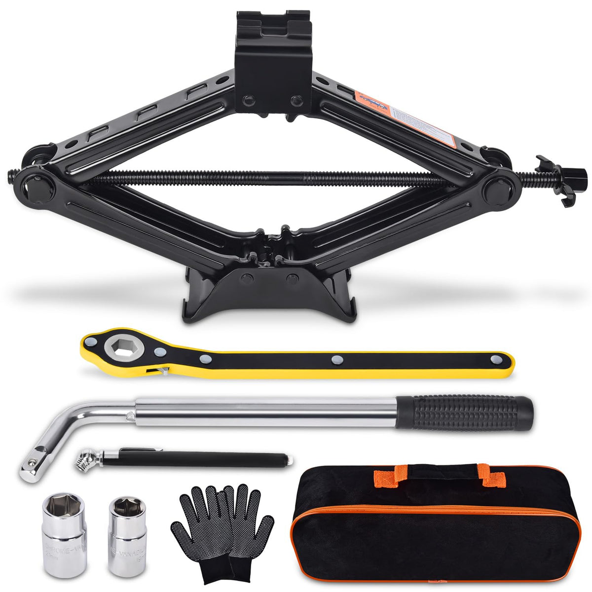 Scissor Car Jack 2 Ton (4409 lbs) Tire Changing Kit with Lug - Product Imagery