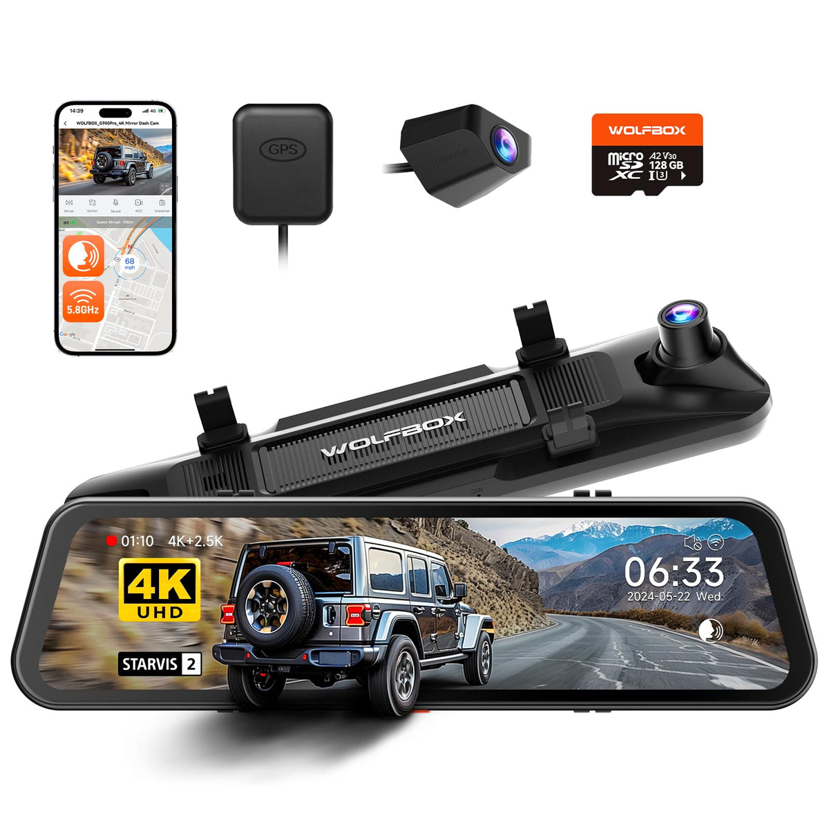 WOLFBOX G900 PRO Mirror Dash Cam with 8MP STARVIS IMX678,Front - Product Imagery