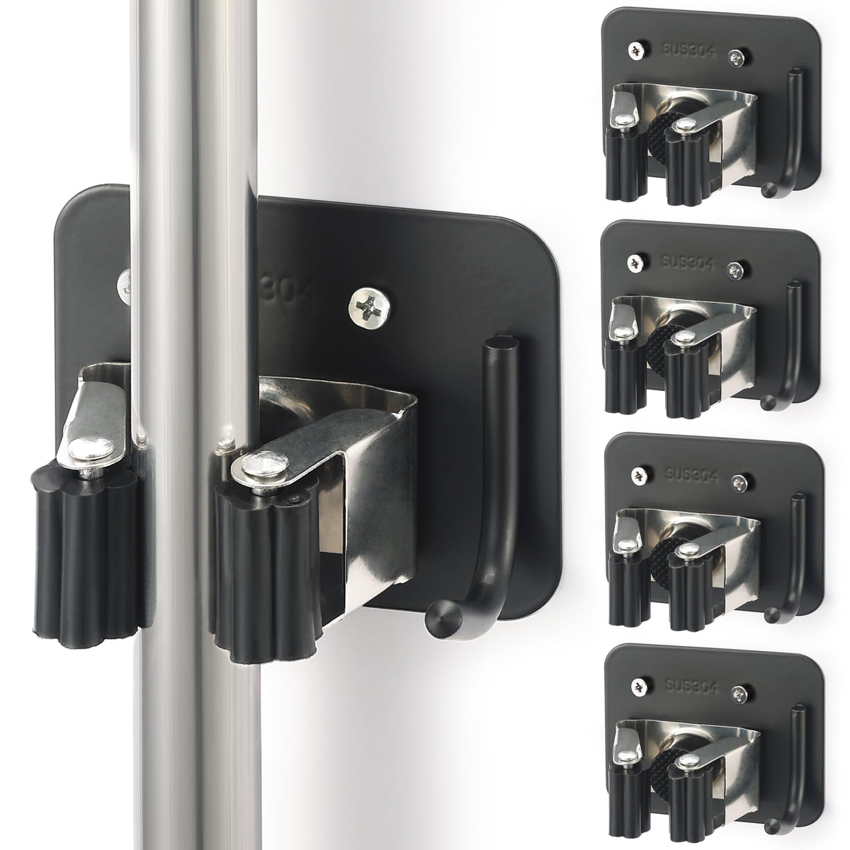 Broom Holder Wall Mount Rack, 304 Stainless Steel Mop and Tool - Product Imagery