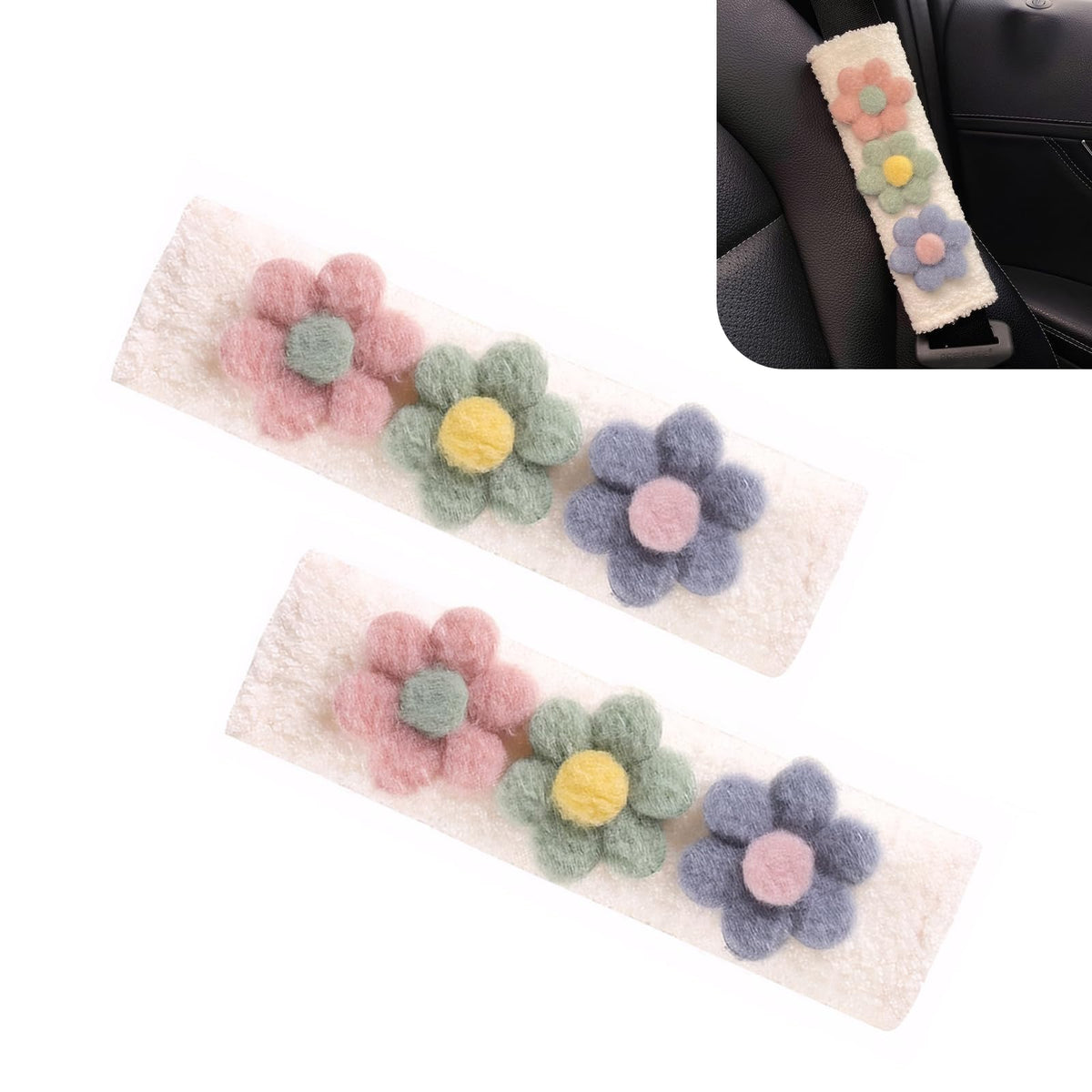 2 PCS Car Seat Belt Cover Pads, Cute Flower Safety Seatbelt - Product Imagery