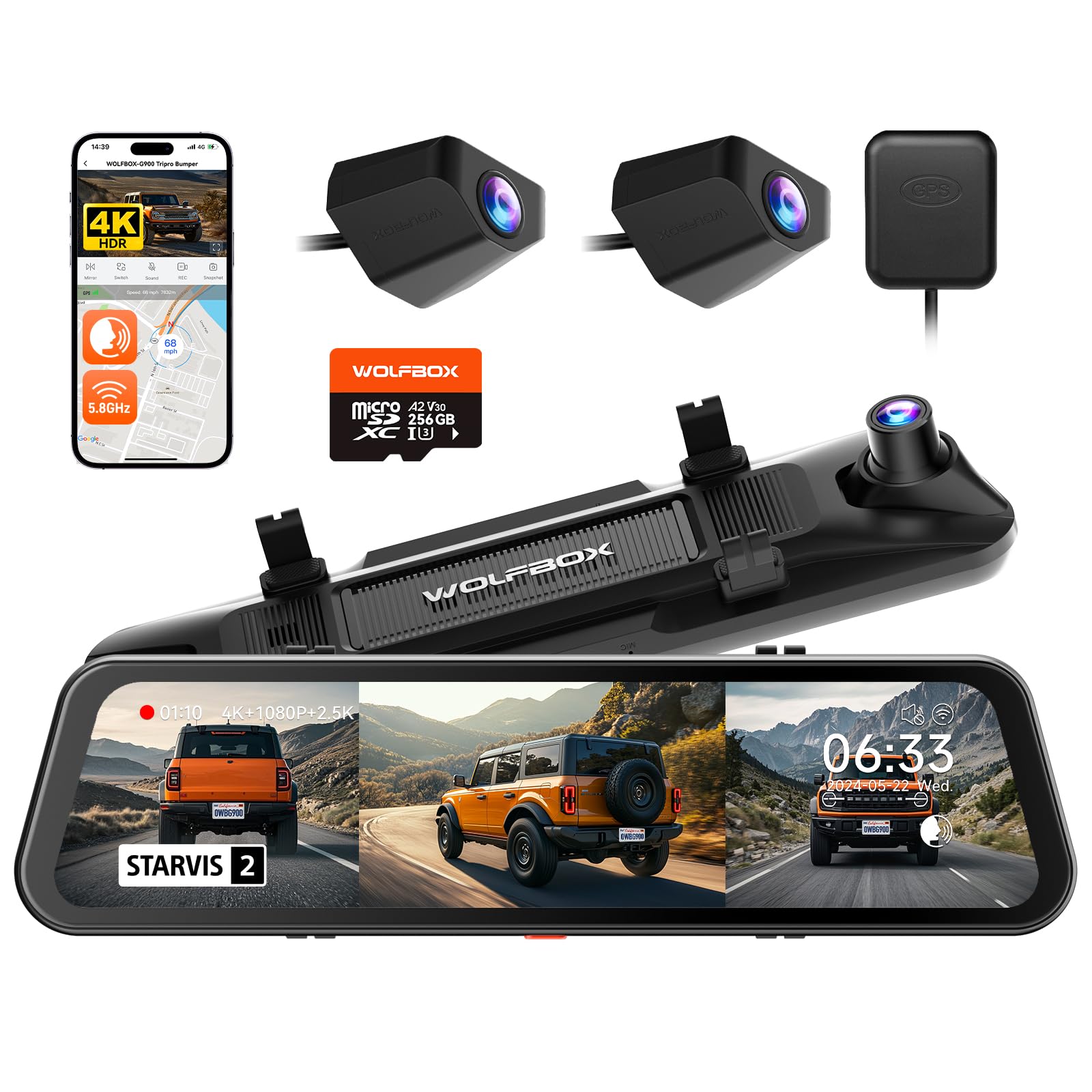 WOLFBOX G900 Tripro Bumper 3 Channel 4K Mirror Dash Cam,8MP - Product Imagery