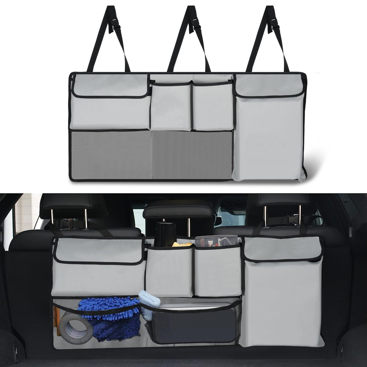 UYYE Trunk Hanging Organizer, Backseat Storage Bag, Collapsible - Product Imagery