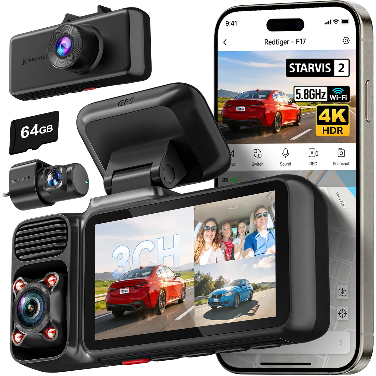 REDTIGER F17 4K 3CH Dash Cam, STARVIS 2 Sensor HDR, 64GB Card, - Product Imagery