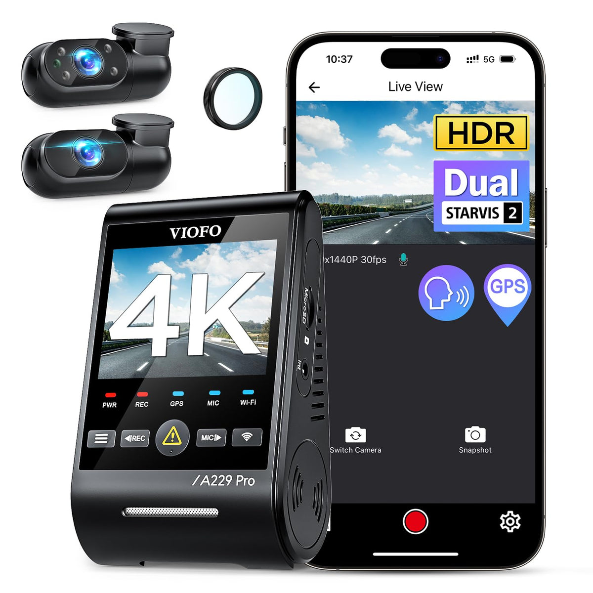 VIOFO A229 Pro 4K 3CH Dash Cam HDR for Front & Rear & Inside - Product Imagery