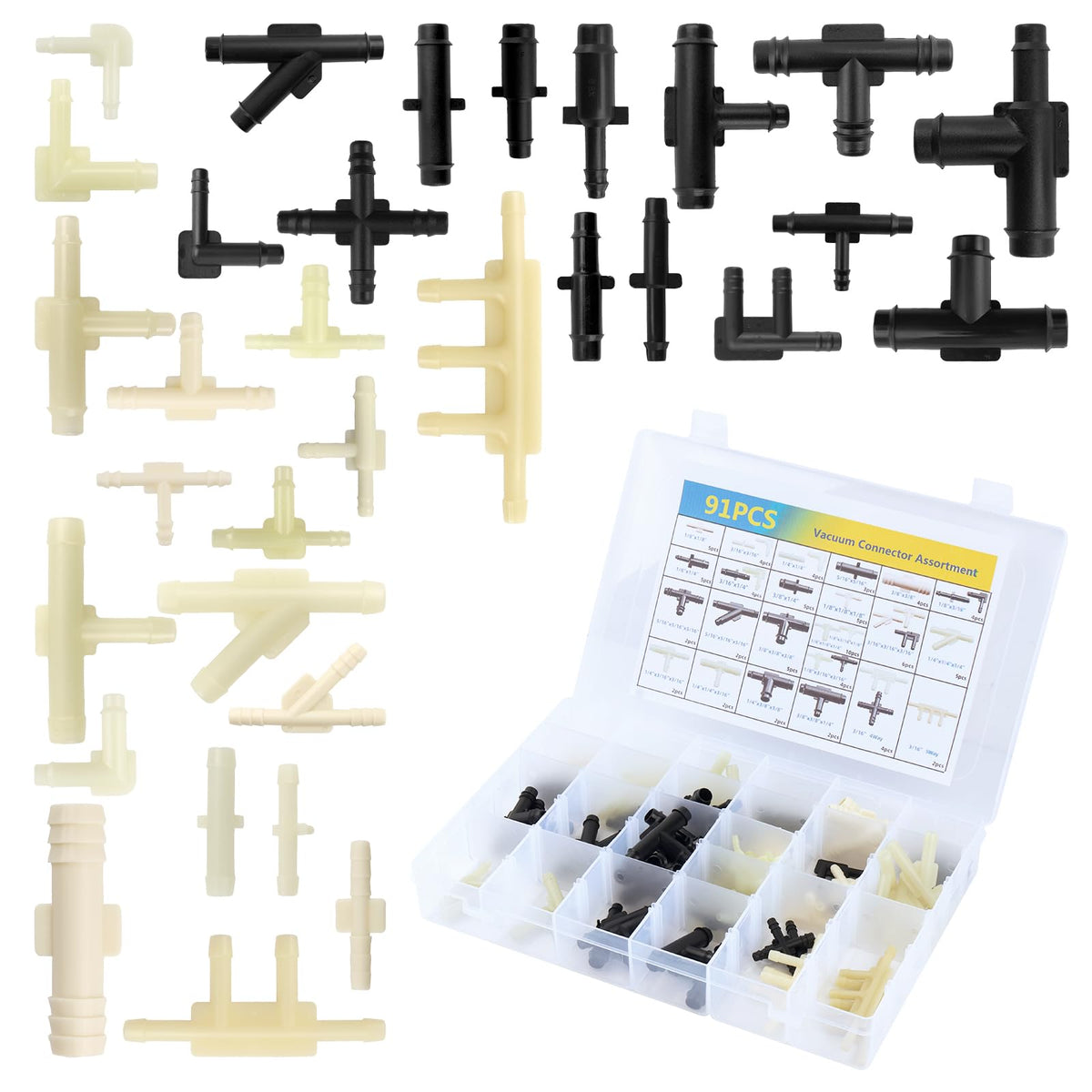 91PCS Car Vacuum Line Connectors Kit with 32 Types,1/8" 3/16" - Product Imagery