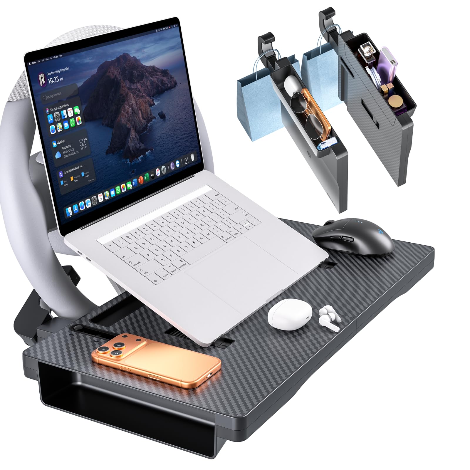 2-in-1 Car Steering Wheel Tray with Built-in Seat Gap Organizer - Product Imagery