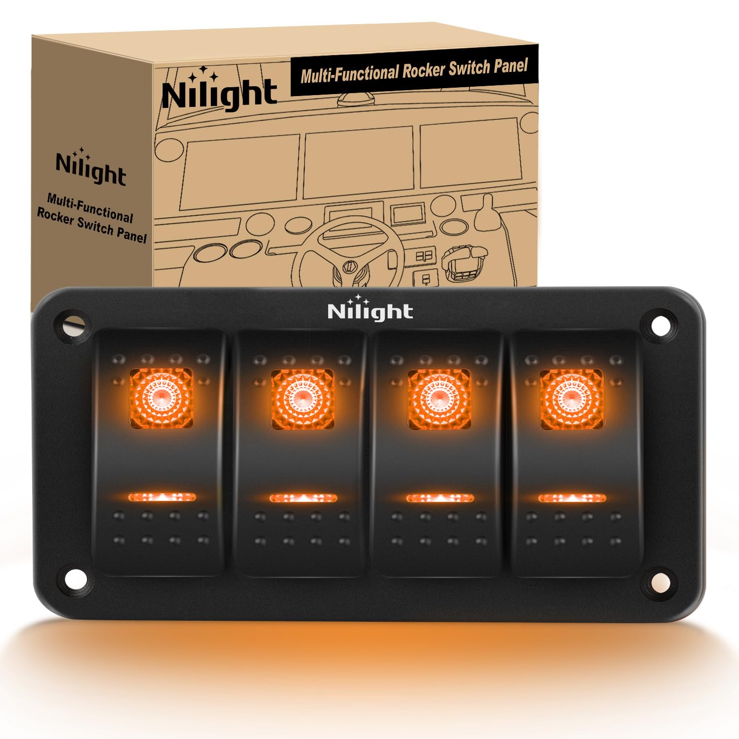 Nilight 4 Gang Rocker Switch Panel w/Orange LED Light 5Pin ON - Product Imagery