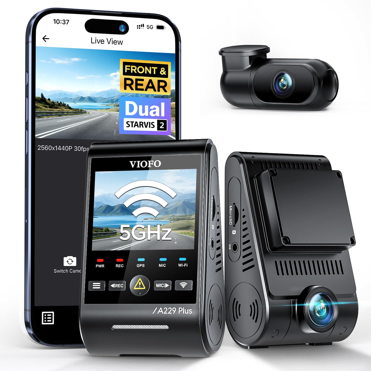 VIOFO A229 Plus Dash Cam Front and Rear, 2K Dual STARVIS 2 - Product Imagery