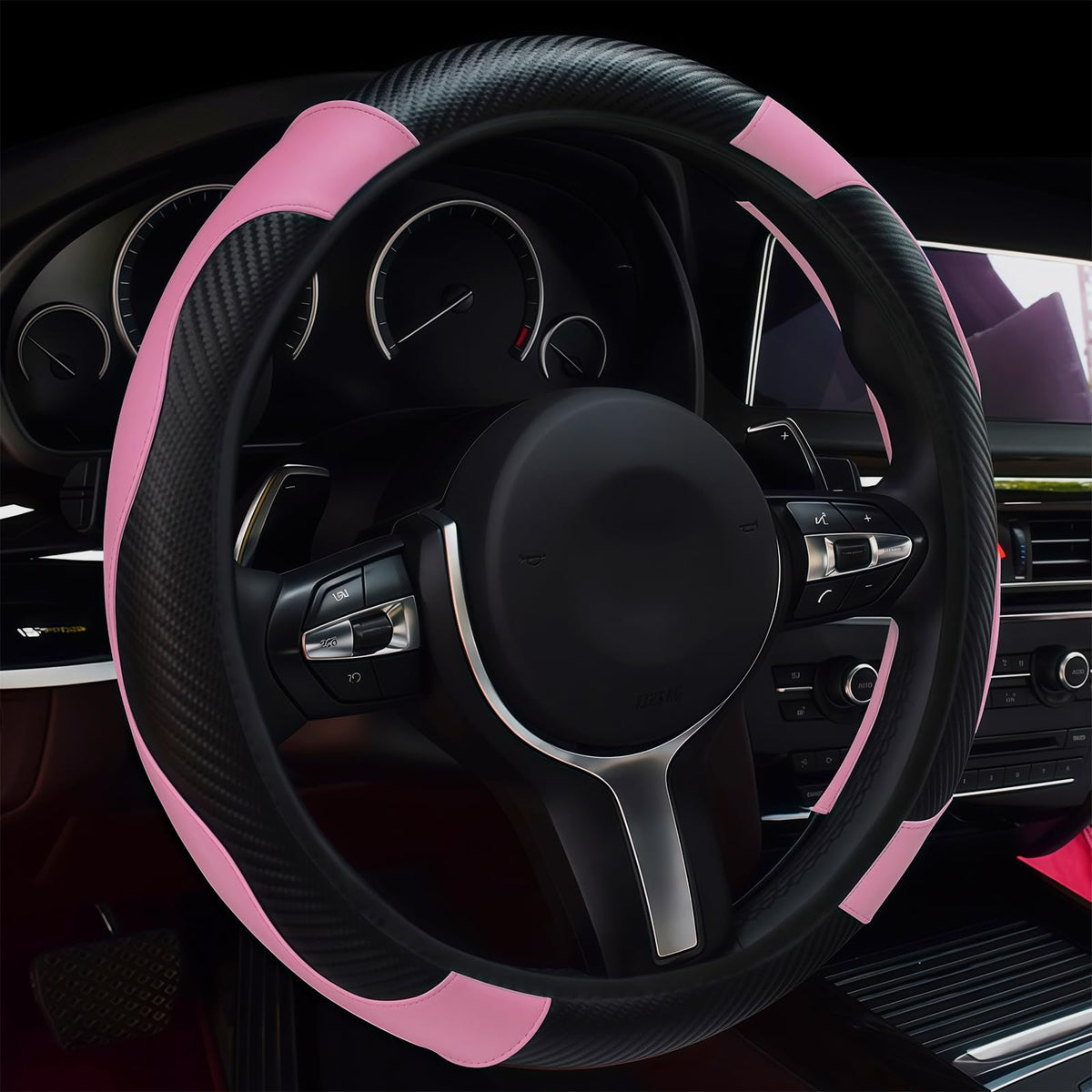 Leather Car Steering Wheel Cover, 15 Inch Anti-Slip Carbon Fiber - Product Imagery